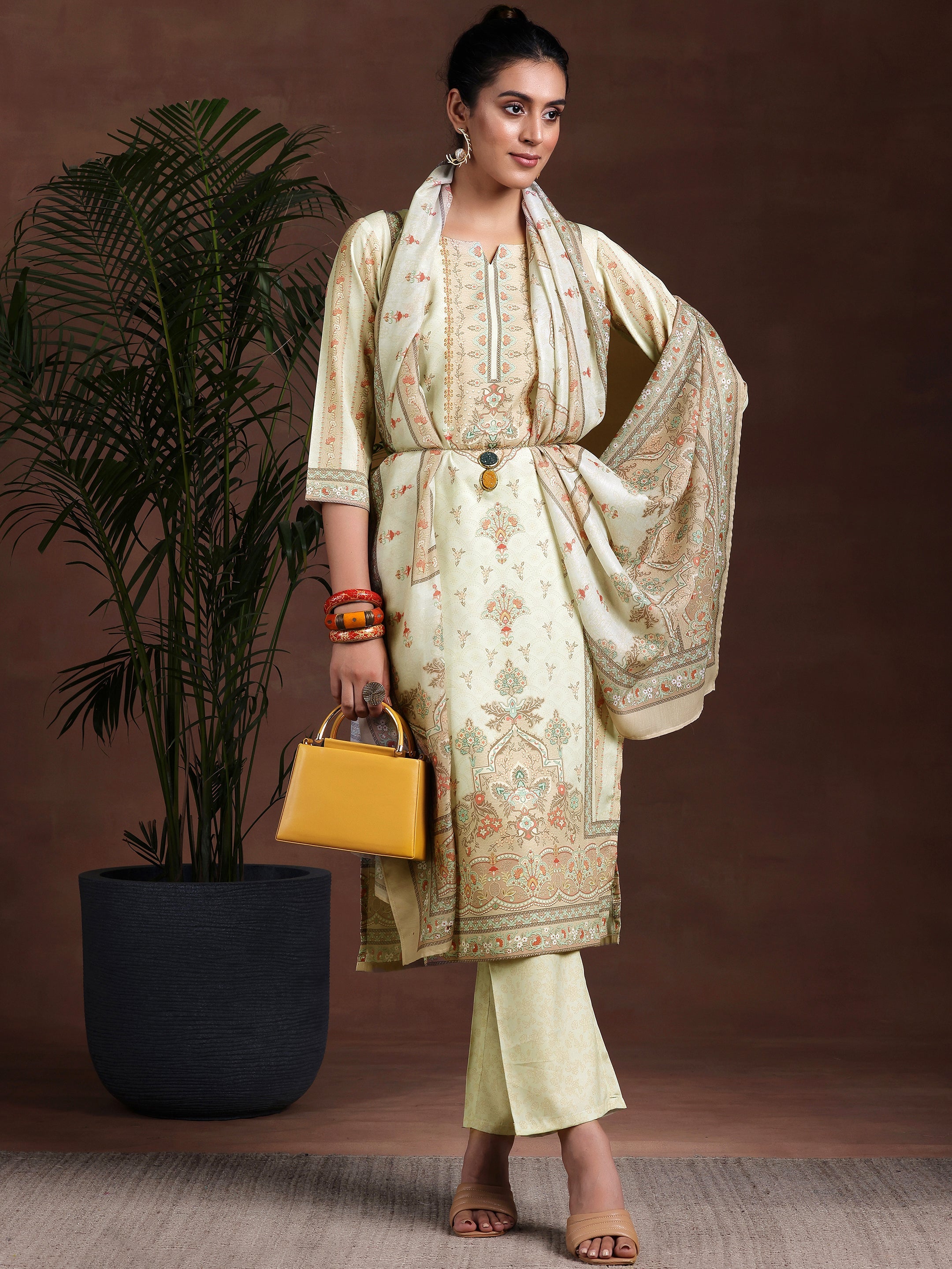 Libas Beige Printed Poly Crepe Straight Suit With Dupatta