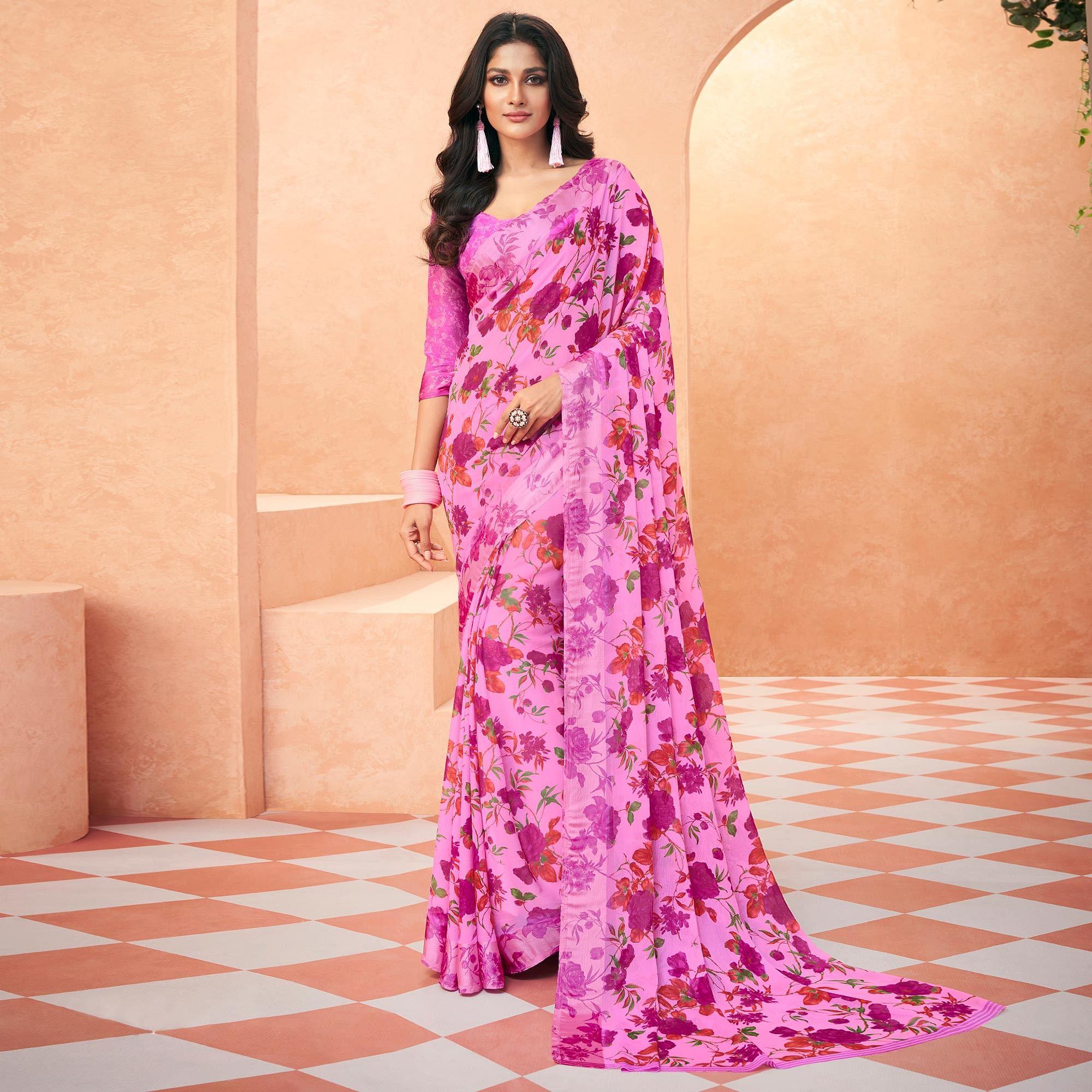 Peachmode Lavender Casual Wear Floral Printed Chiffon Saree