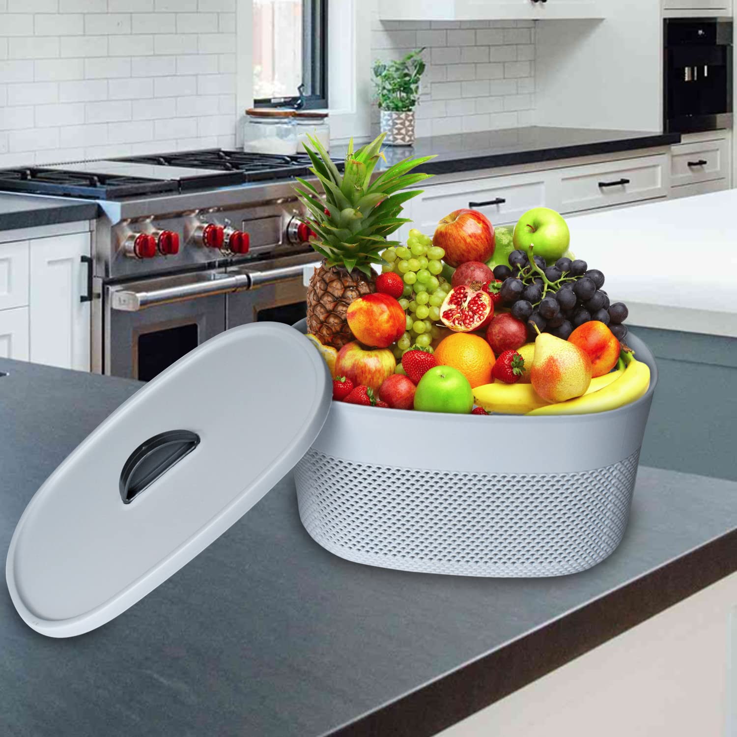 Heart Home Unbreakable Medium Multipurpose Storage Baskets with lid|Design-Netted|Material-Plastic|Shape-Oval|Color-Grey|Pack of 3 - view 5