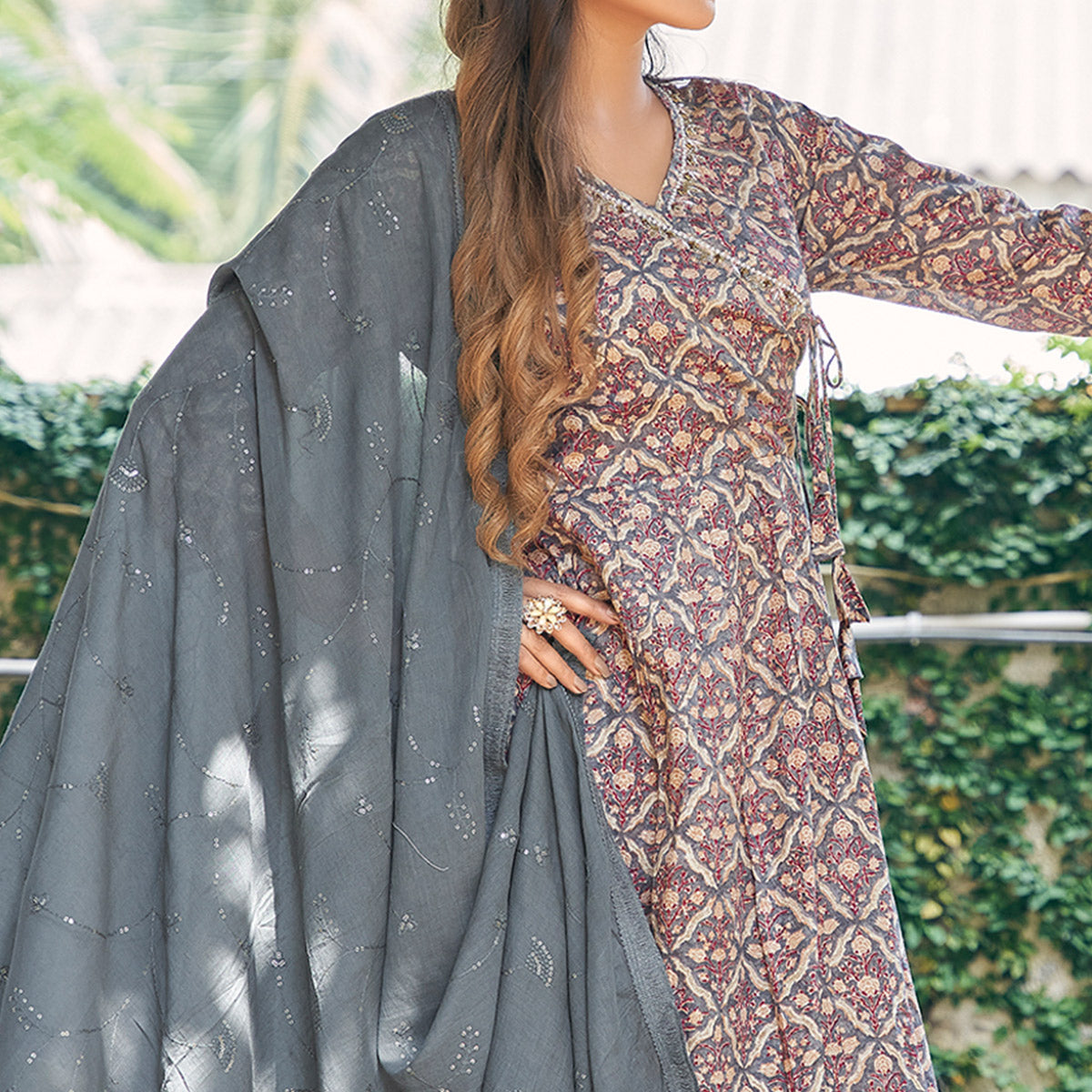 BlackTree grey-angrakha-pure-cotton-suit-with-foil-print-zardozi-handcrafted-neckline - view 2