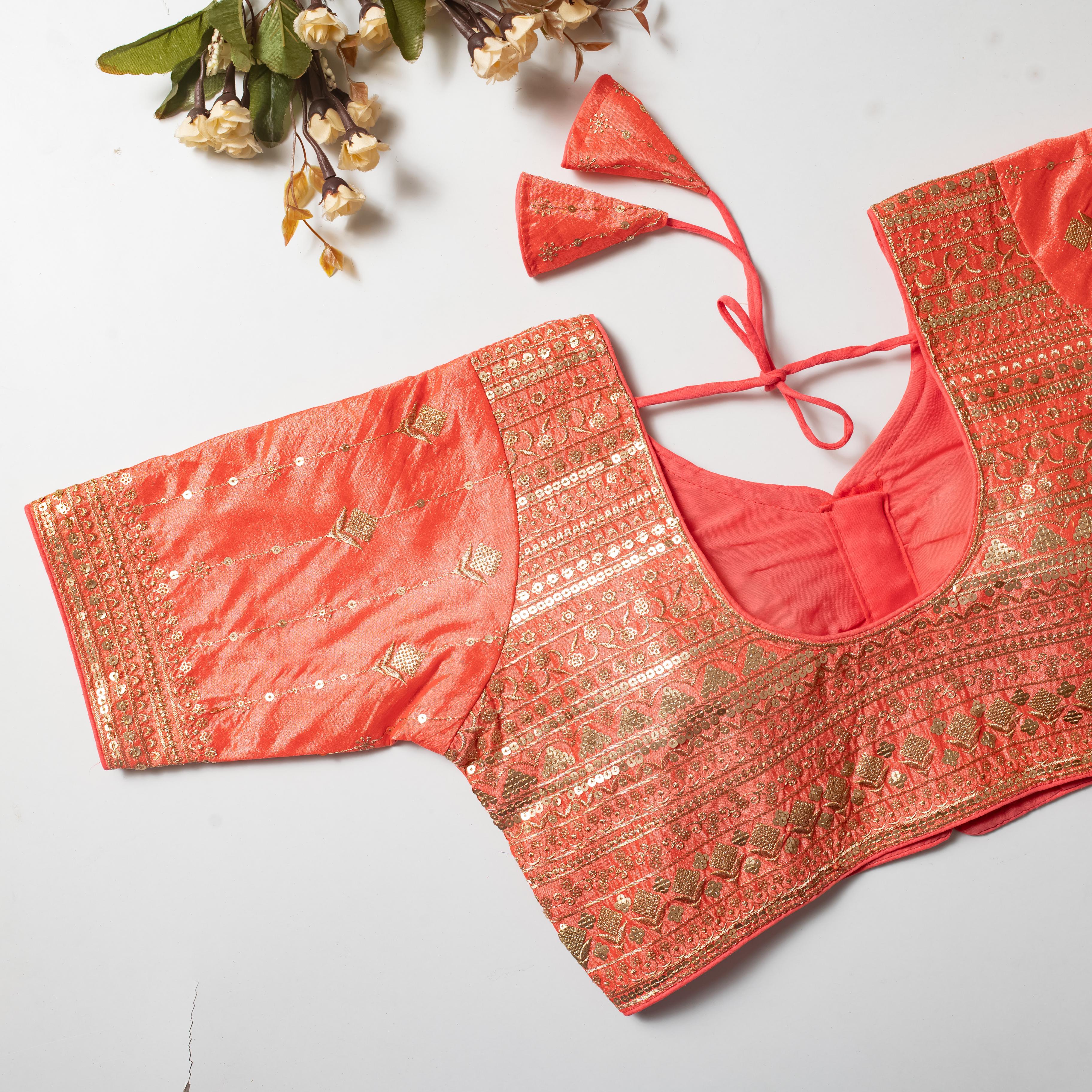 ClothsVilla Orange Golden Embroidered Vibrant Silk Blouse with Sequins - view 2