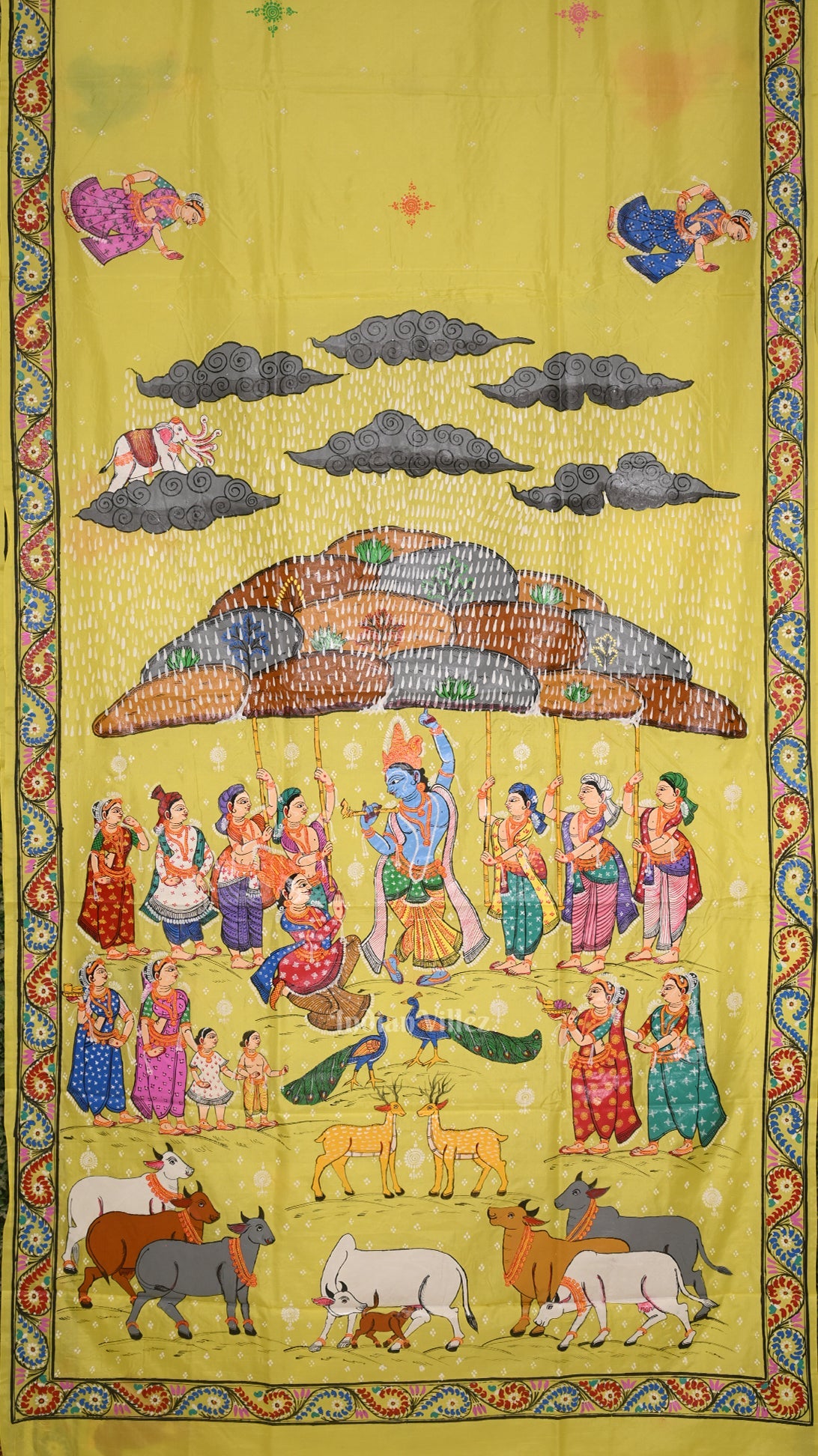 IndianVillèz Yellow Giri Govardhan Hand-Painted Pattachitra Saree