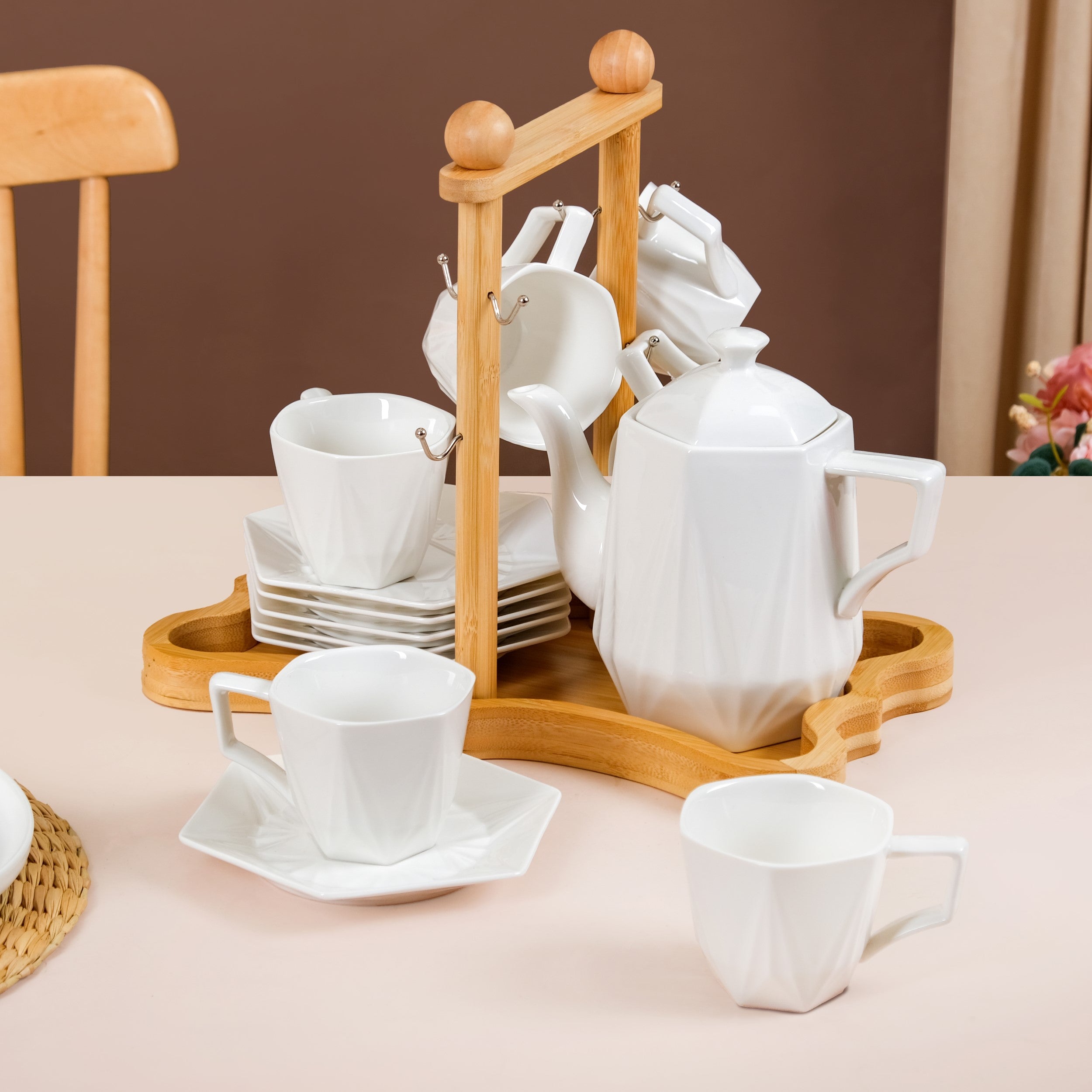 Nestasia Hexagonal Minimalist White Tea Set With Wooden Stand