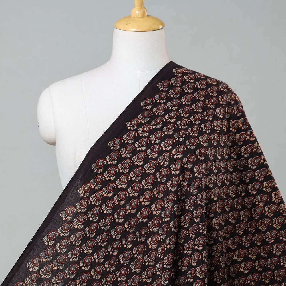 KACHCHH JI CHHAAP Black - Tiny Leafy Paisley Ajrakh Block Printed Cotton Fabric