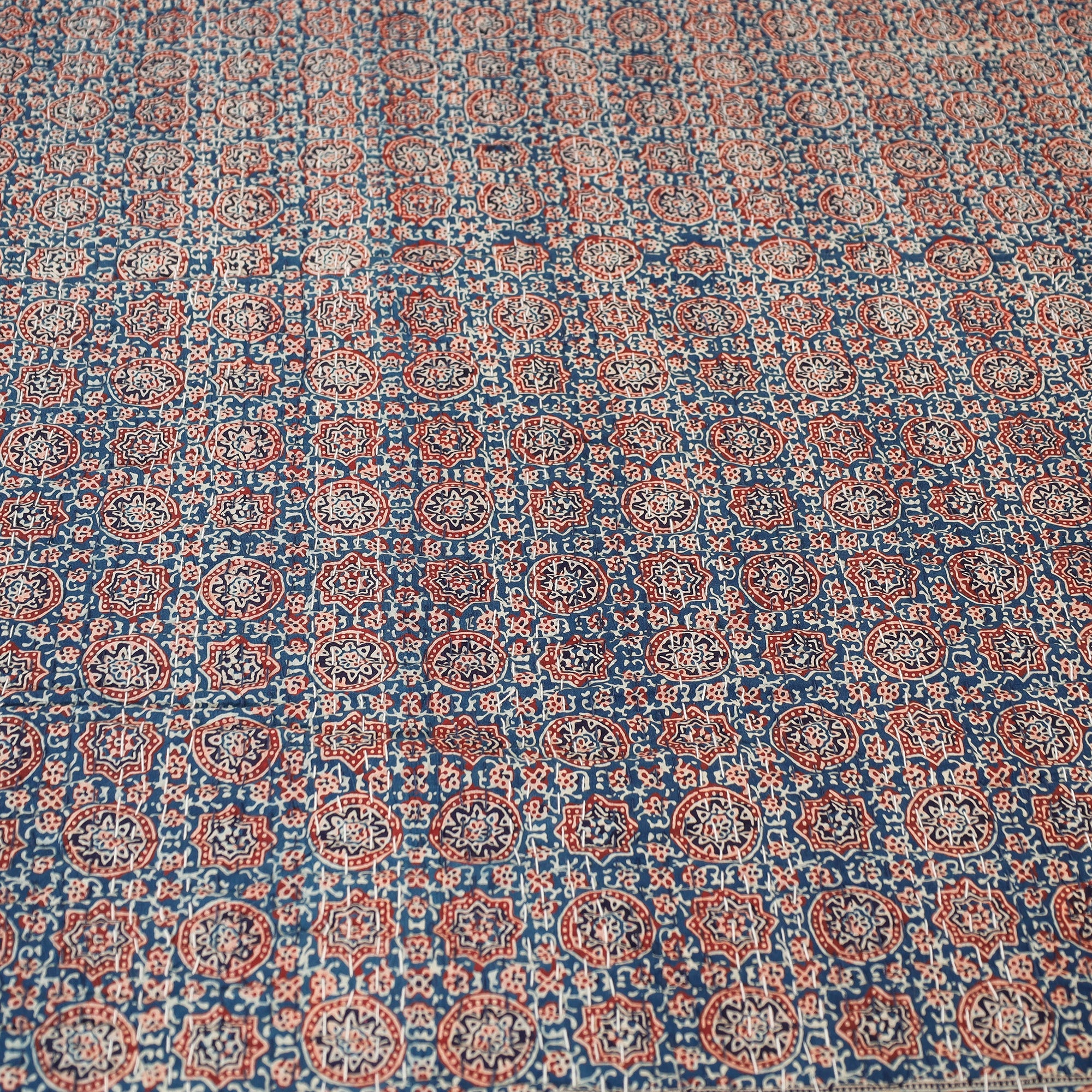 SHADES OF MARUDHARA Blue - Ajrakh Block Printed Kantha Work Cotton Double Bed Cover (105 x 90 in) - view 3