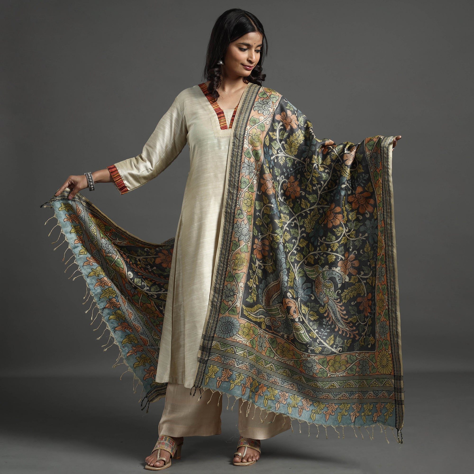 SOUTH KARGHA Black - Pure Tussar Silk Pen Work Srikalahasti Kalamkari Dupatta with Dobby Border - view 2