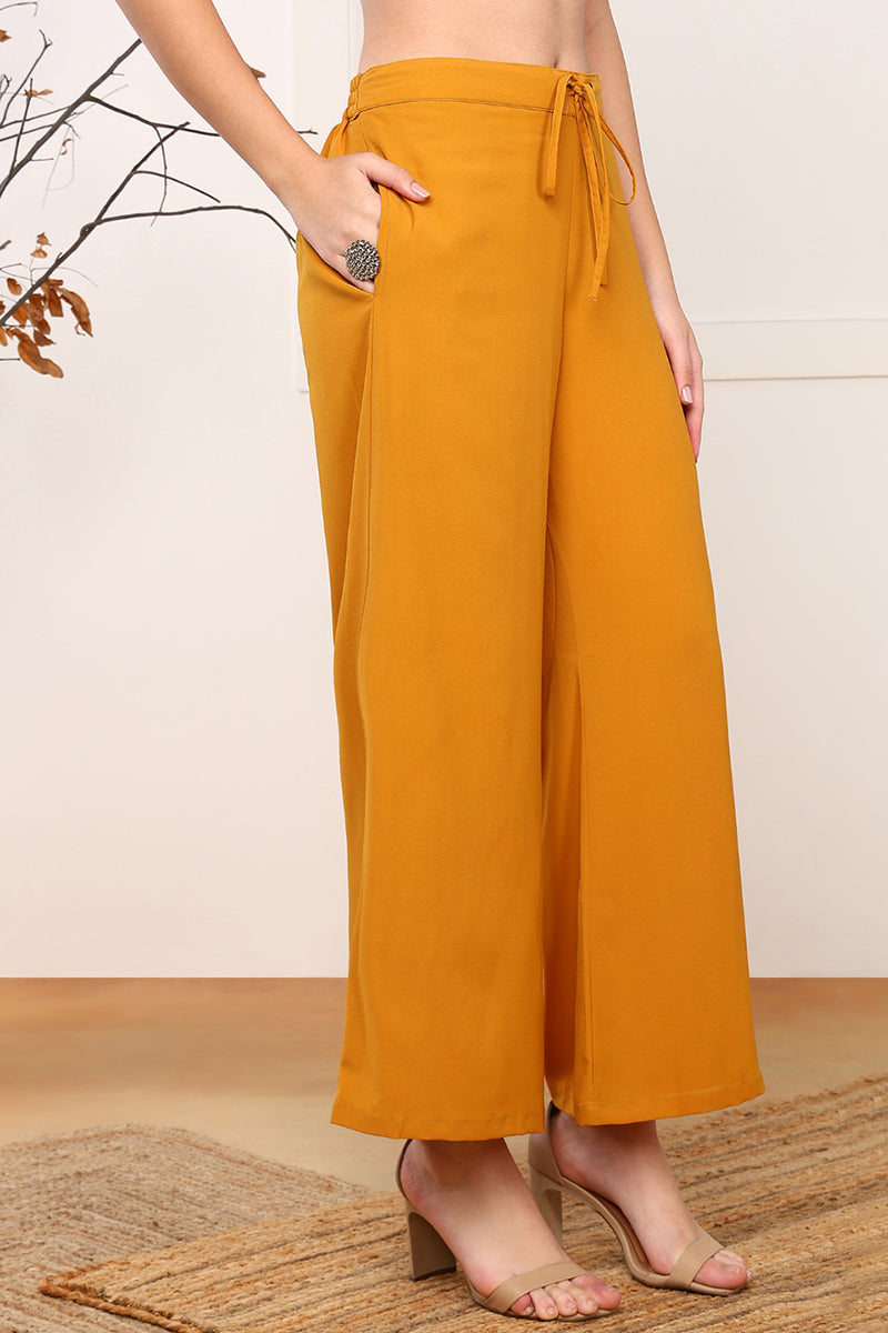Ahika Mustard Yellow Georgette Solid Embroidered Straight Palazzo Suit Set PKSKD2521YLW - view 6