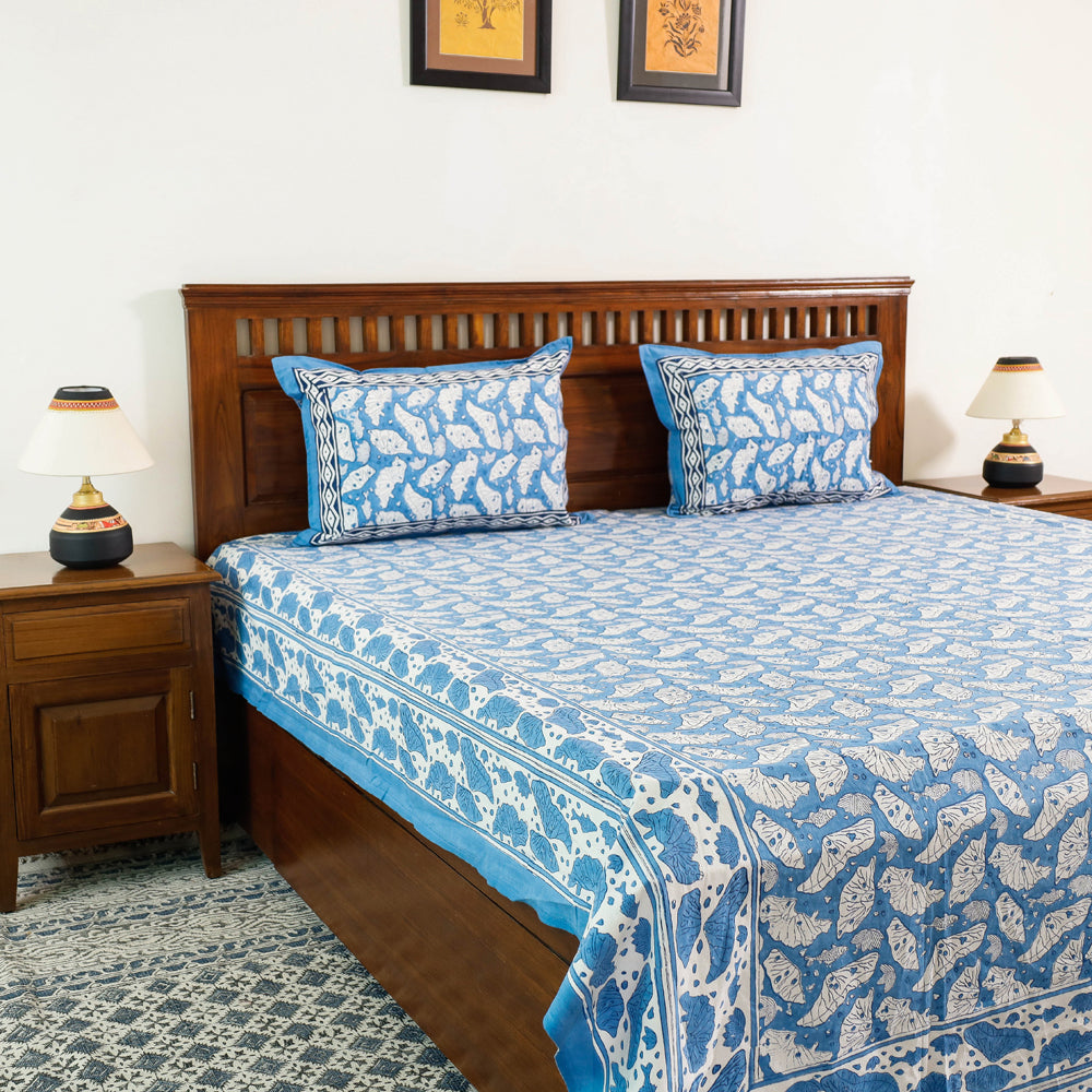 HAVELI CHRONICLES Blue - Block Print Cotton Double Sanganeri Bed Sheet