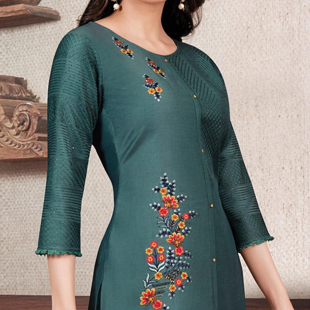 Peachmode Dusty Blue Partywear Heavy Embroidered Bemberg Silk Suit - view 2
