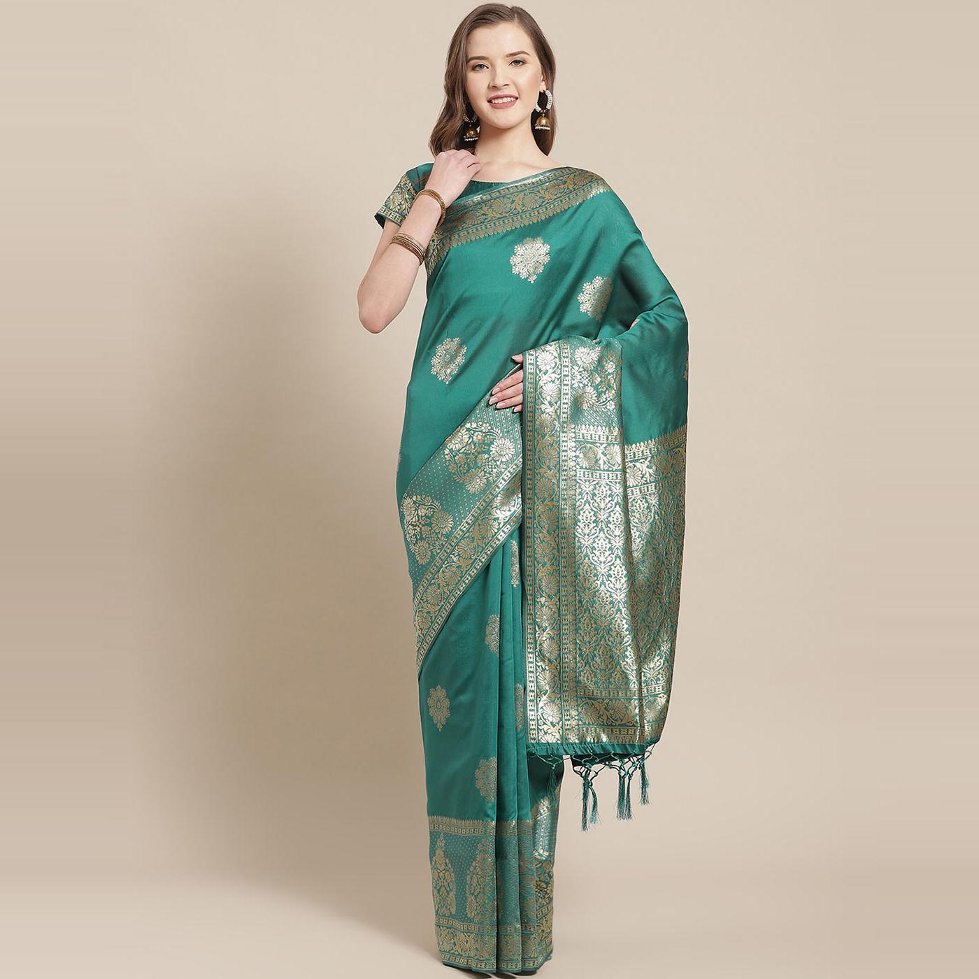 Peachmode Dazzling Teal Green Colored Festive Wear Woven Silk Blend Saree