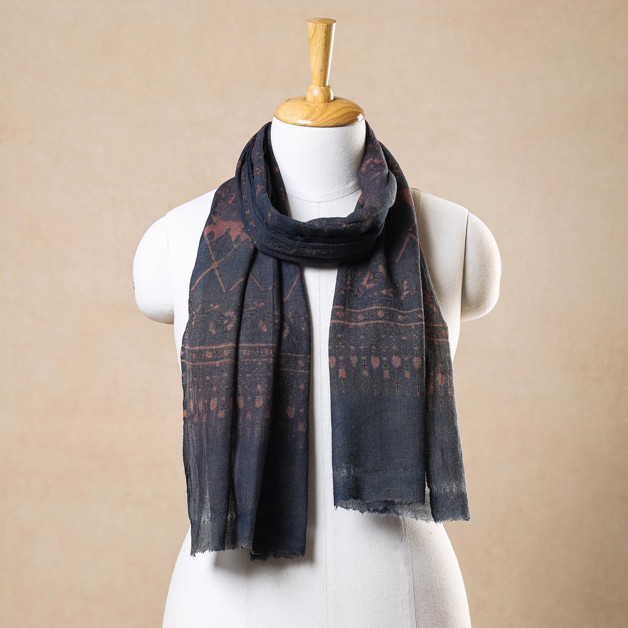 AJRAKH BY JABBAR KHATRI Blue - Ajrakh Hand Block Printed Pure Woolen Stole