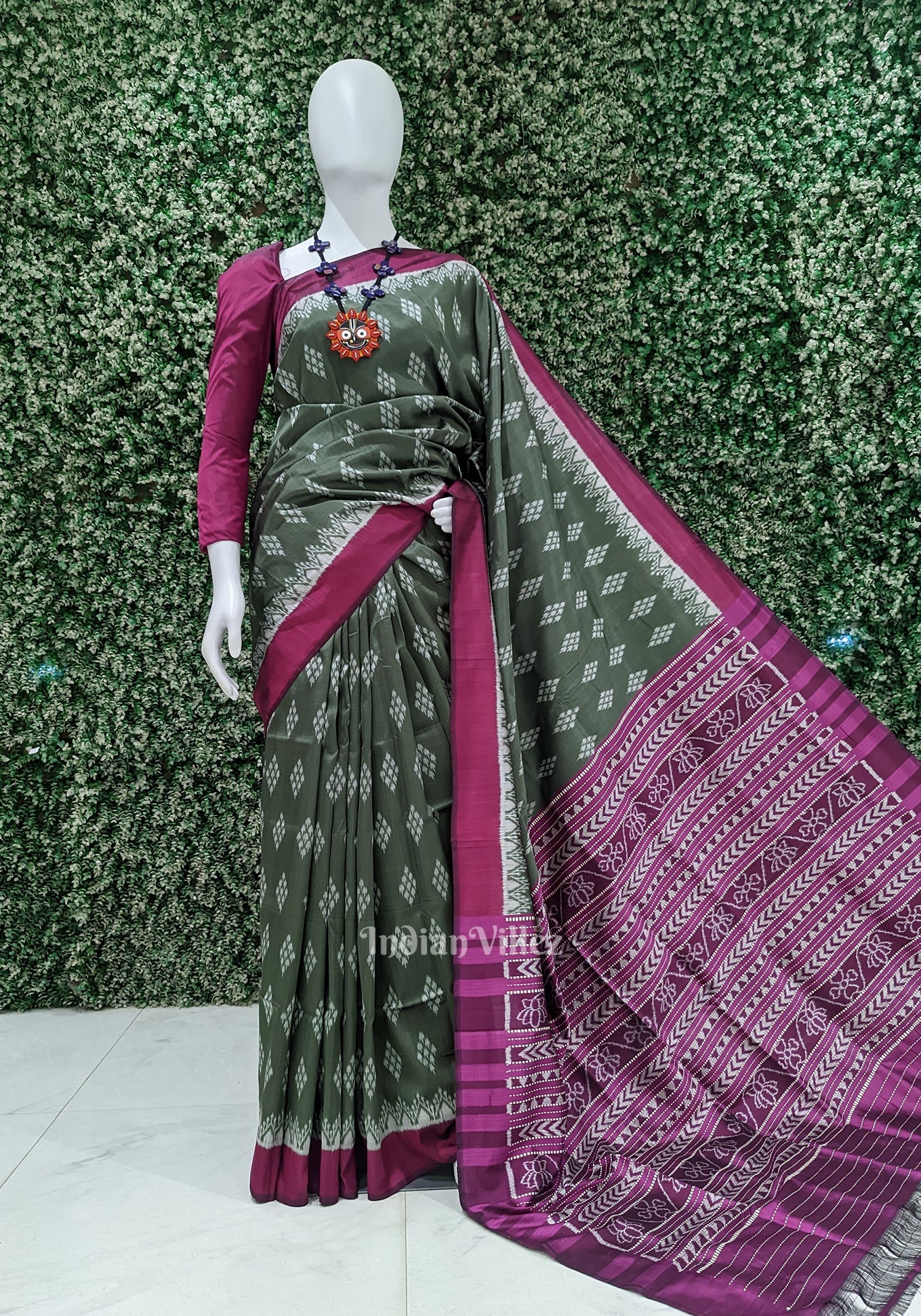 IndianVillèz Sage Green with Wine Jhoti Theme Contemporary Designer Silk Saree