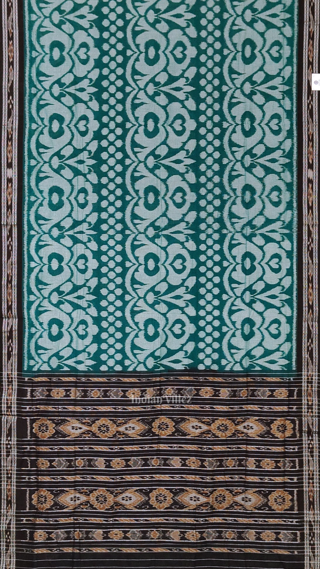 IndianVillèz Green Black Floral Odisha Ikat Sambalpuri Cotton Saree