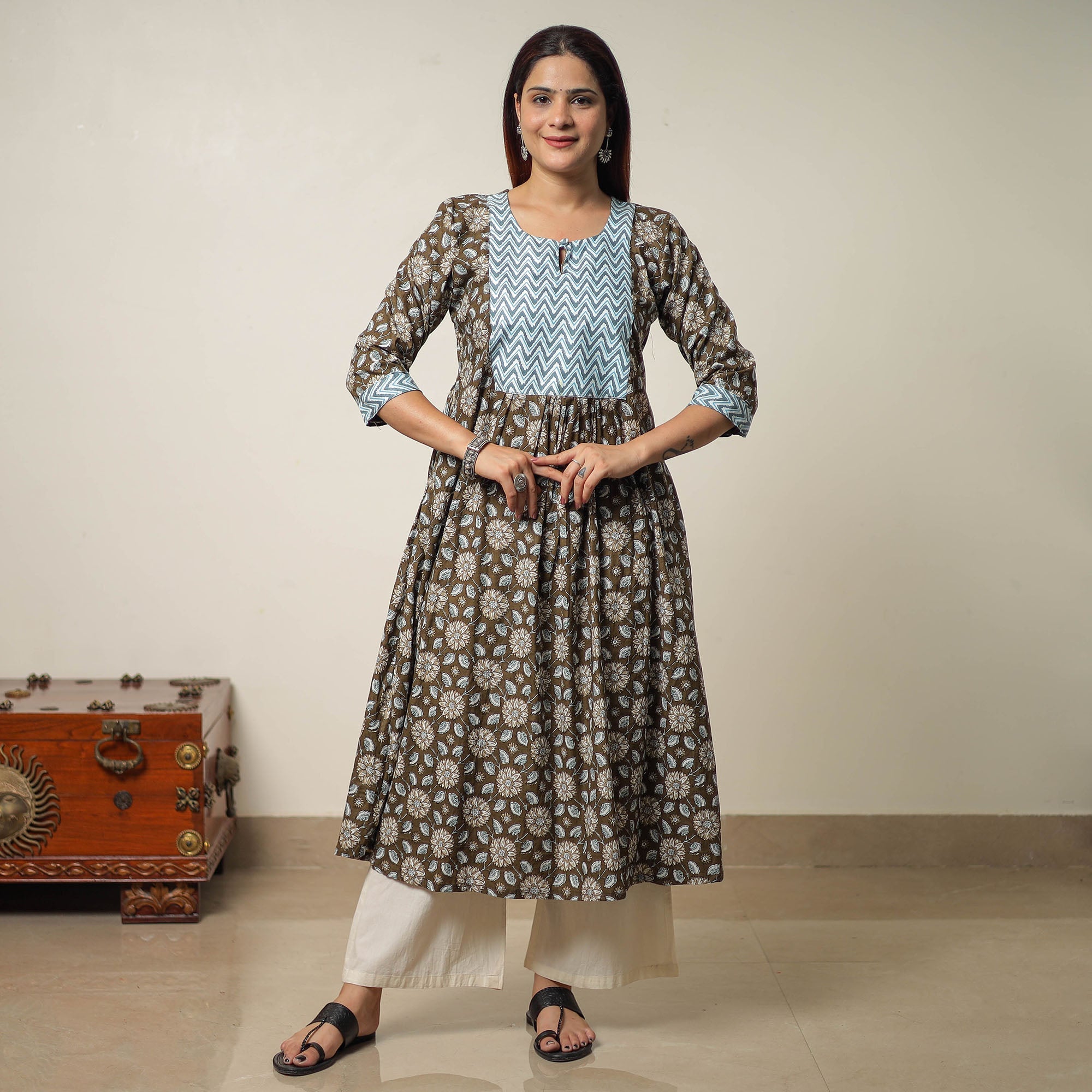 ITOKRI CASUALS Brown - Jaipur Printed Cotton A-Line Kurta with Patchwork 01 - view 2