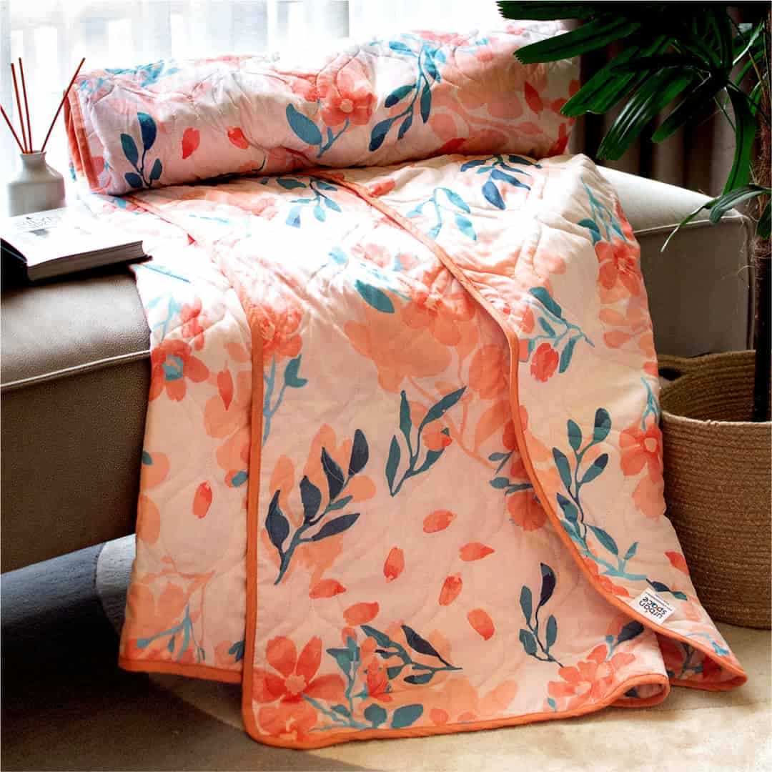Blanket dohar – Urban Space -Home Furnishing Store 100% Malmal Cotton Blanket, Dohar, Quilt for AC and Light Winters - Peach Floral 1