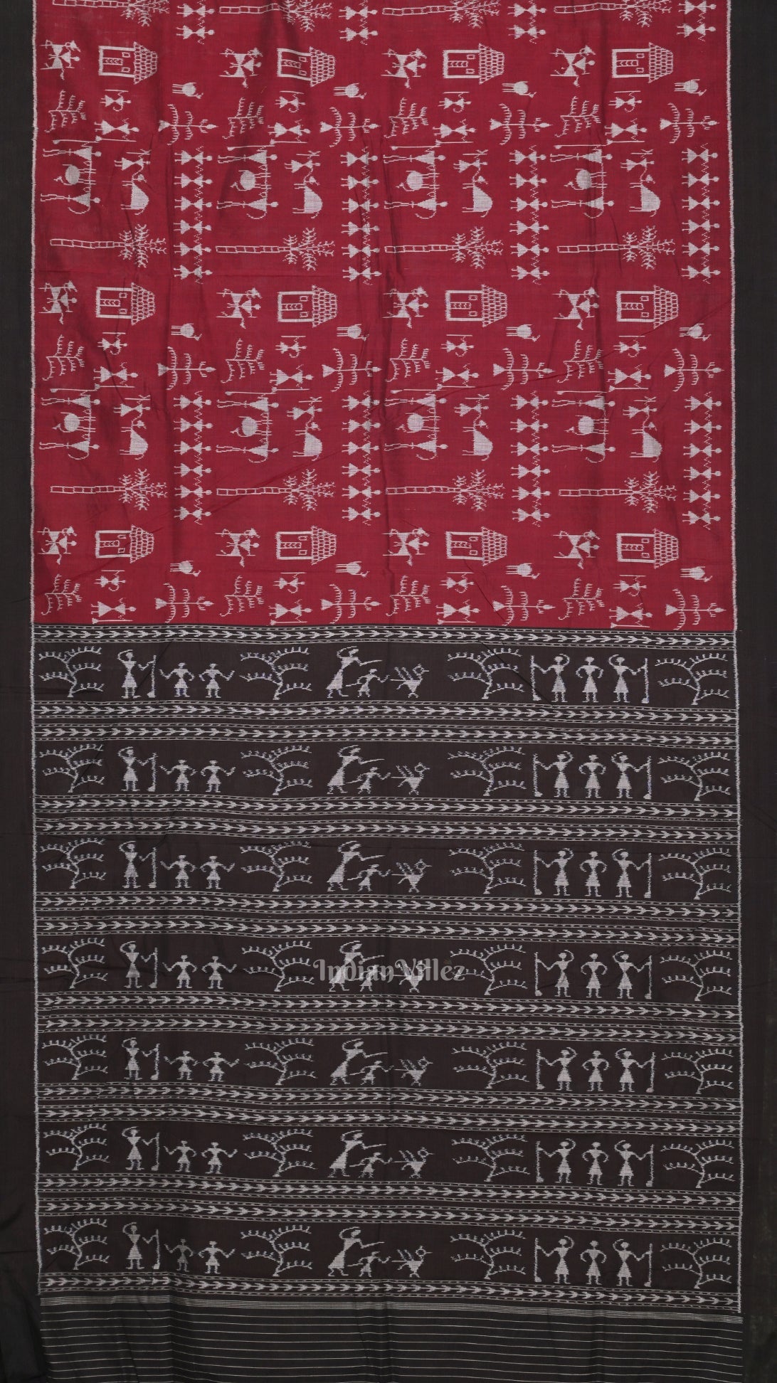 IndianVillèz Maroon Black Tribal Theme Odisha Ikat Sambalpuri Cotton Saree