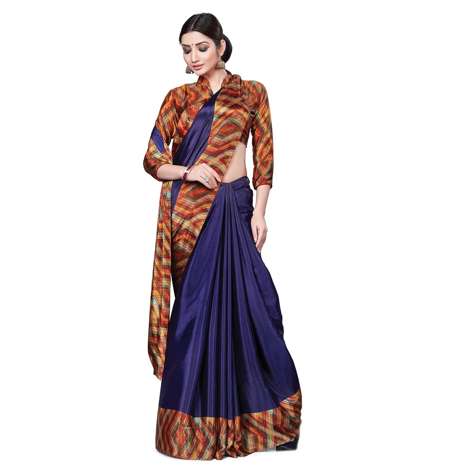 Peachmode Energetic Navy Blue Colored Casual Wear Printed Crepe Saree