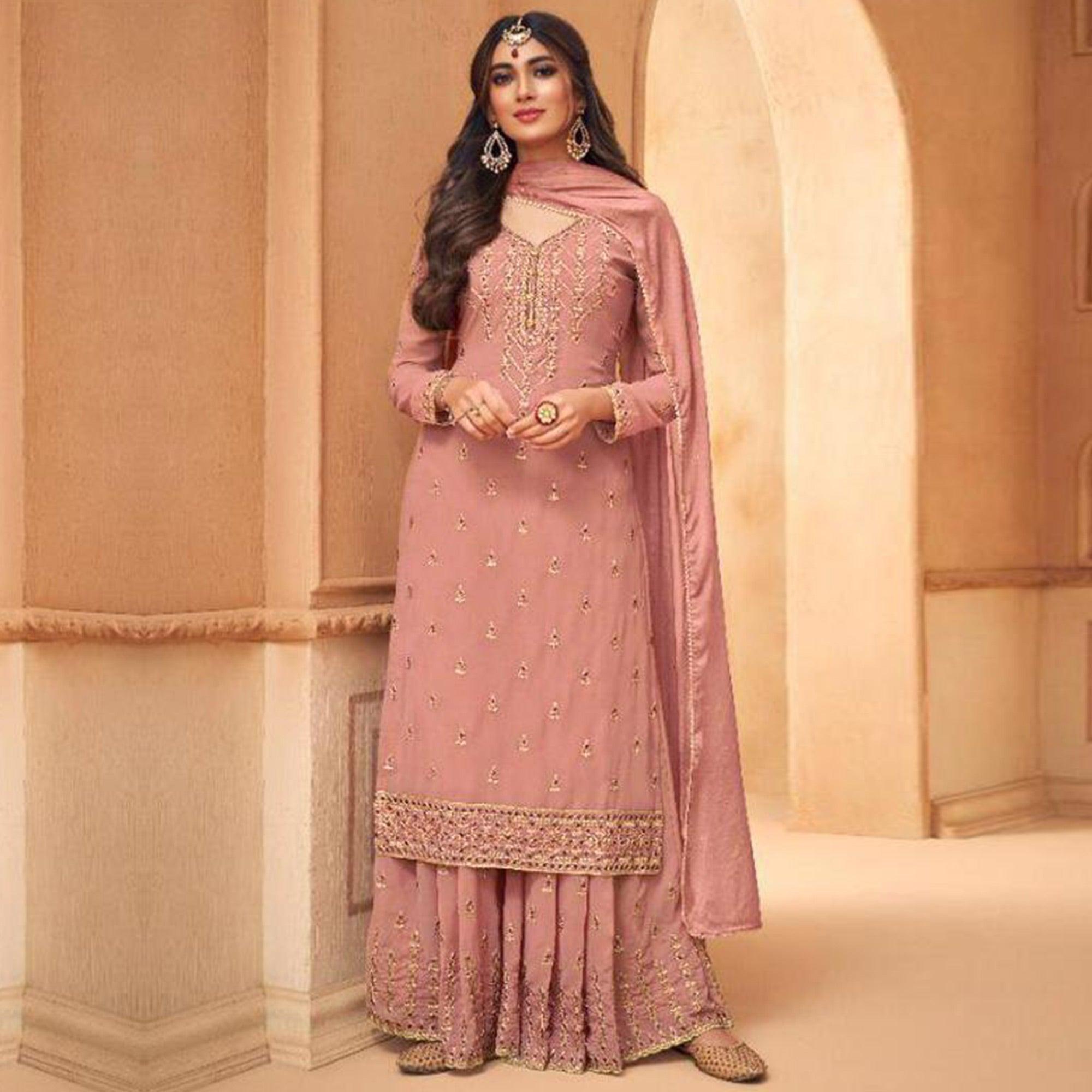 Peachmode Blush Partywear Designer Embroidery Heavy Faux Georgette Salwar suit