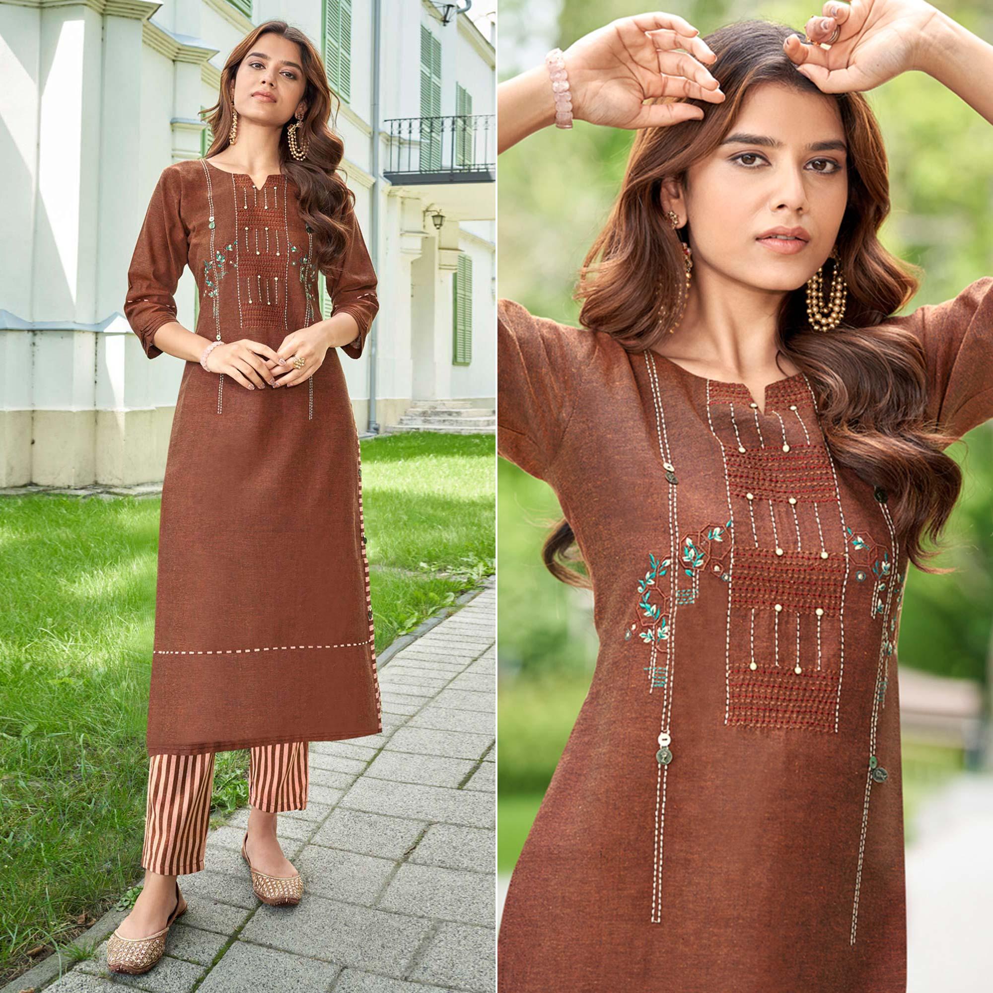 Peachmode Seller Brown Casual Wear Floral Embroidered Cotton Kurti Pant Set