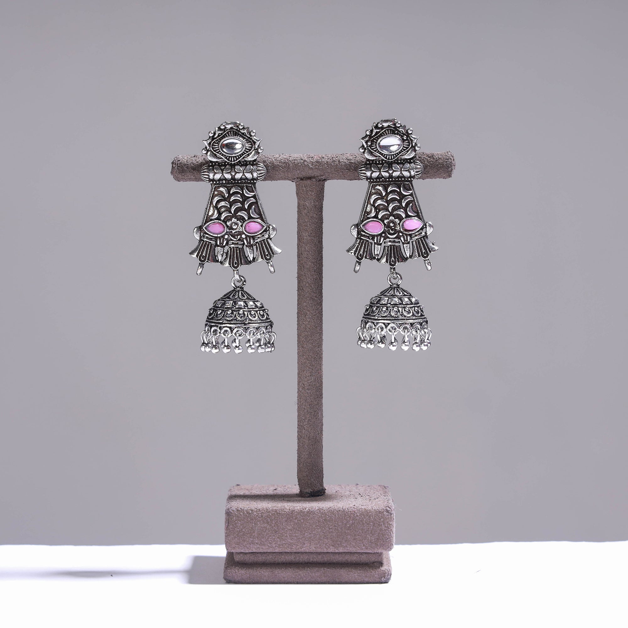WHITE RIVER STORIES Antique Silver Finish Oxidised Brass Base Stone Work Jhumki Earrings