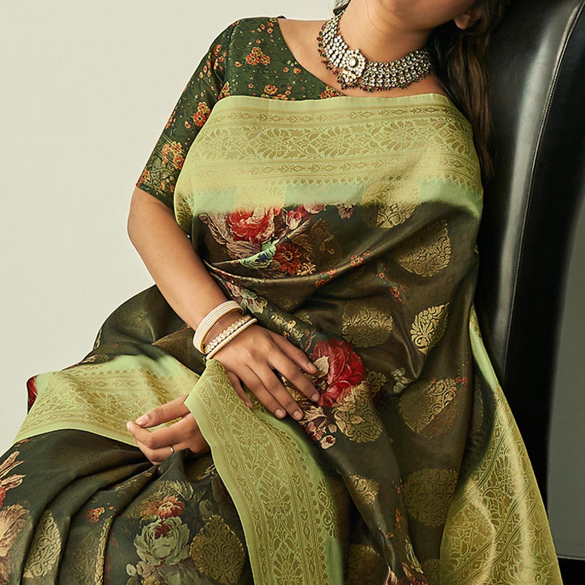 Peachmode Mehendi Green Festive Wear Floral Printed Silk Saree With Woven Border - view 3