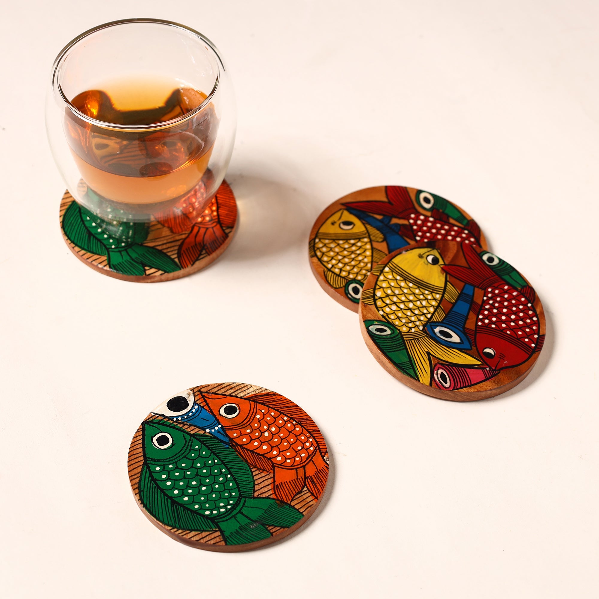 ITOKRI CRAFTS INITIATIVE Bengal Patua Handpainted Akashmoni Wooden Coasters (Set of 4) 11