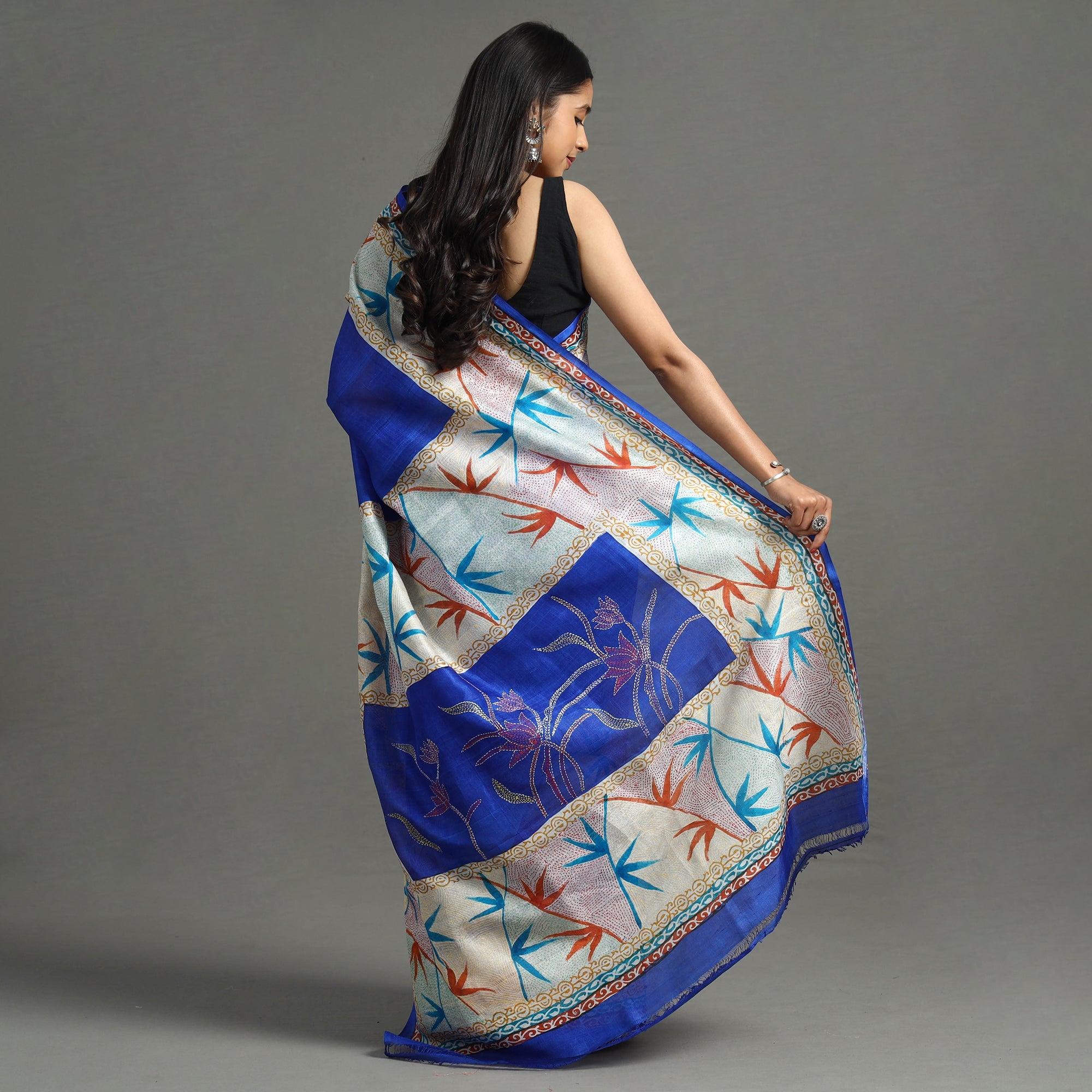 KHUSHBASH - HAPPY LOOM OF EAST Blue - Bengal Kantha Hand Embroidery Block Printed Tussar Silk Handloom Saree - view 7