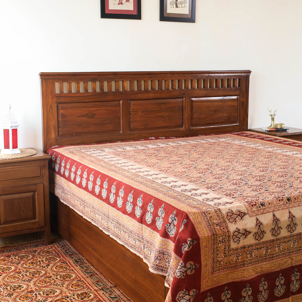 PITCHUKA SRINIVAS KALAMKARI PEDANA Beige - Pedana Kalamkari Block Printed Cotton Double Bedcover (107 x 88 in)