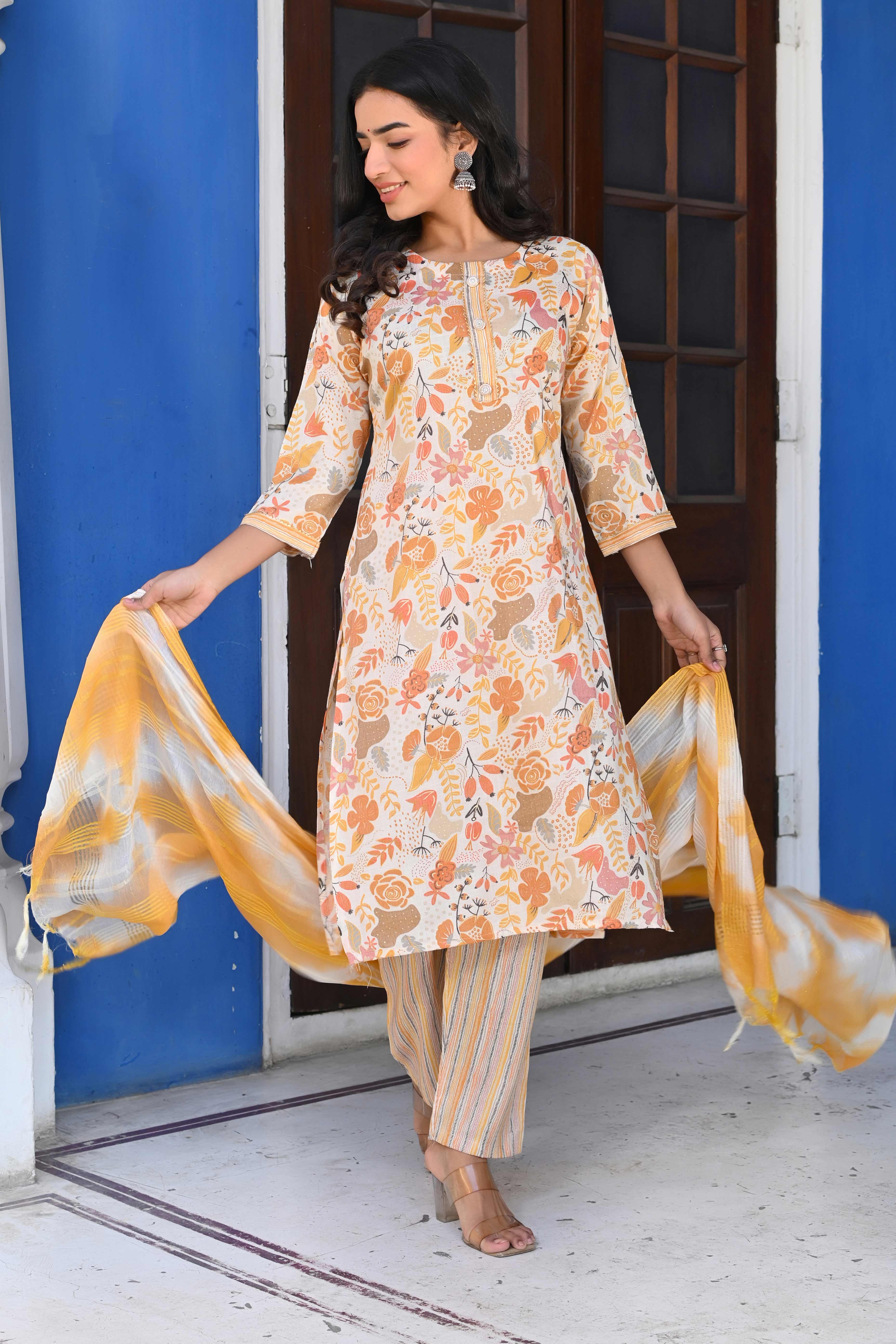 Peachmode Cream & Yellow Floral Foil Printed Rayon Salwar Suit