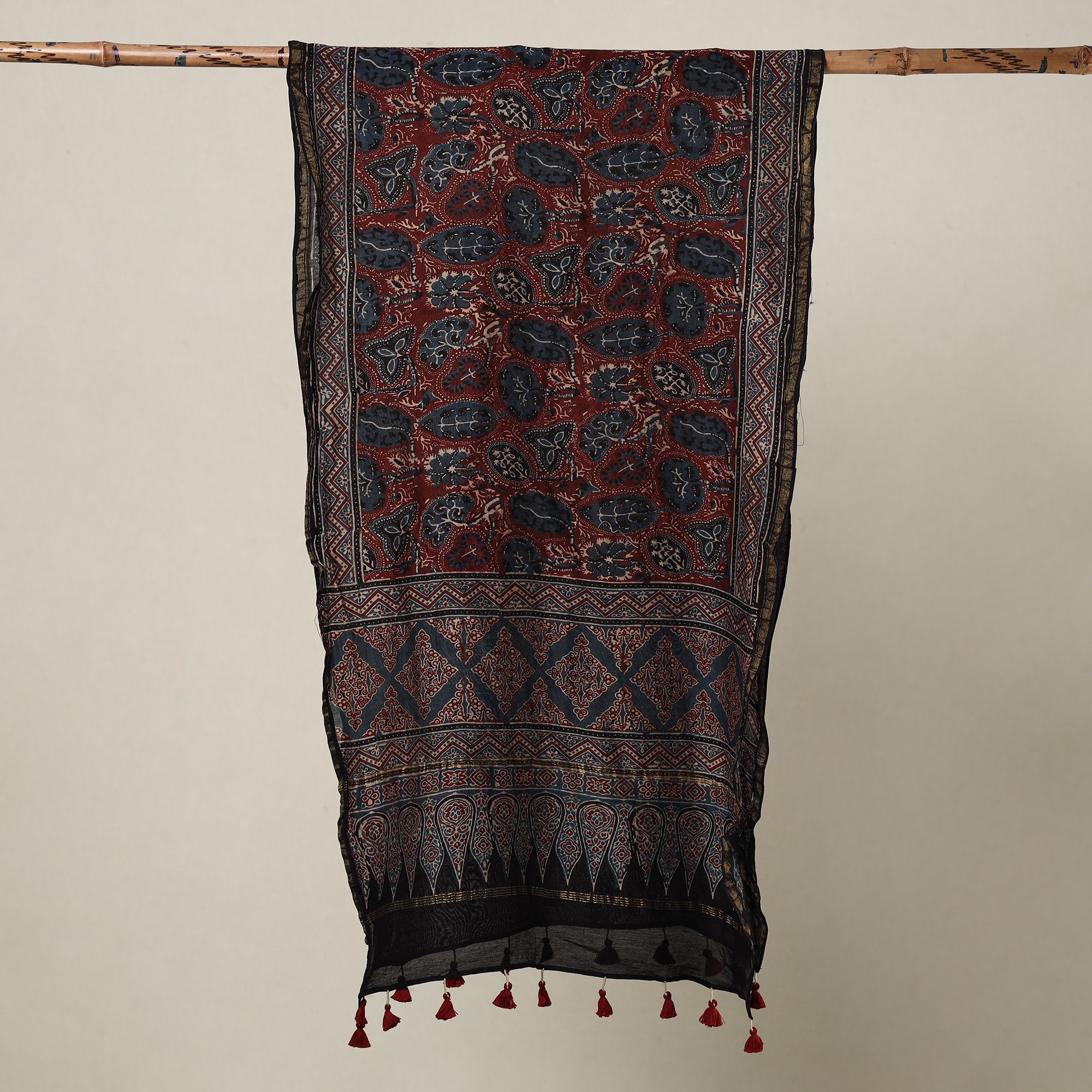 AJRAKH BY SUFIYAN ISMAIL KHATRI Black - Ajrakh Hand Block Printed Chanderi Silk Handloom Stole with Tassels - view 2