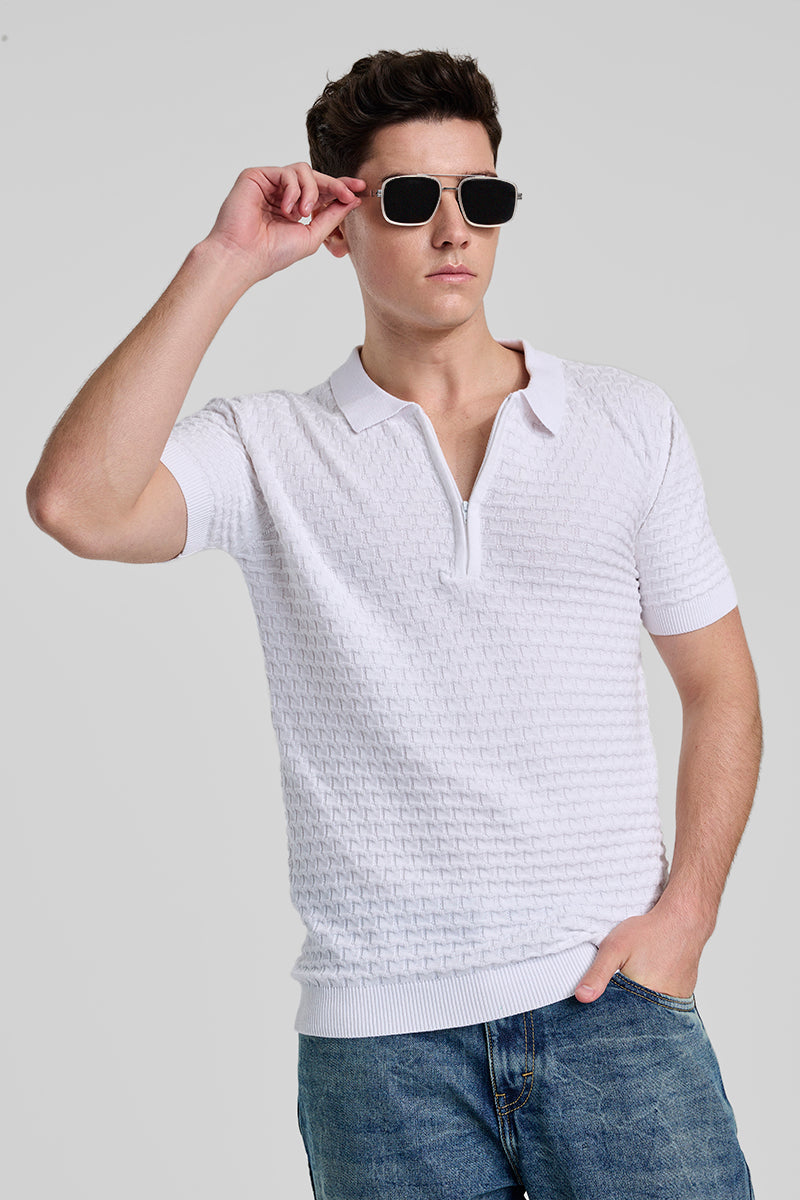 SNITCH White Zipper Knitted Polo T-Shirt
