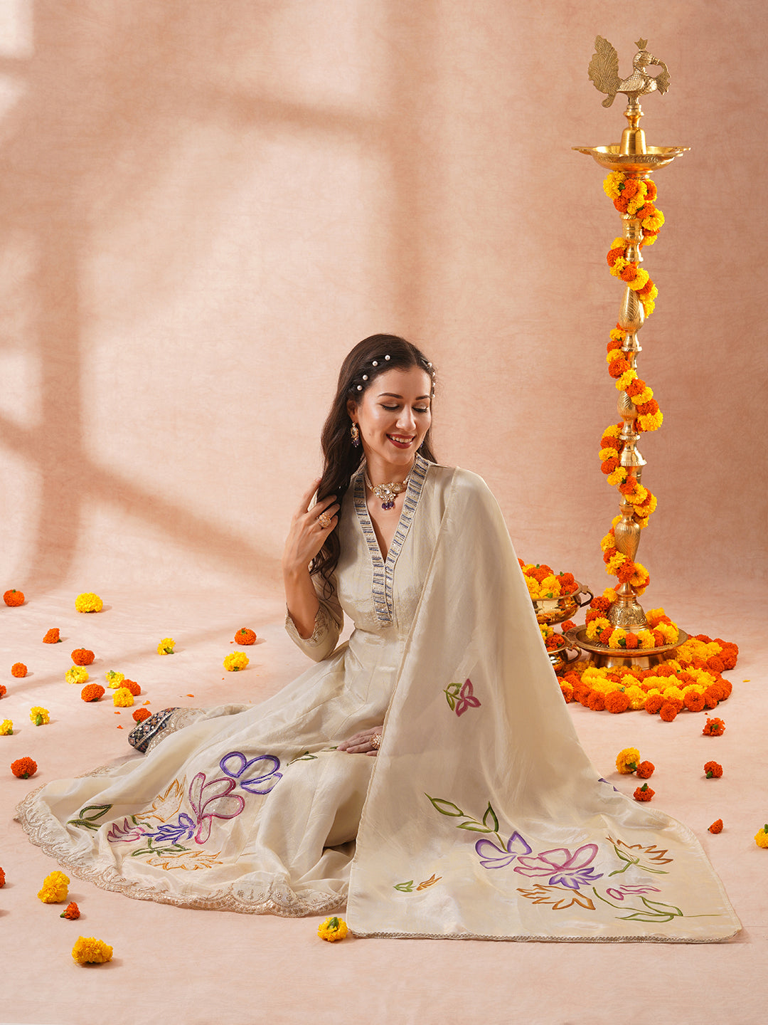 FASHOR Floral Hand Embroidered Anarkali Flared Kurta with Pant and Hand Painted Dupatta - Off White