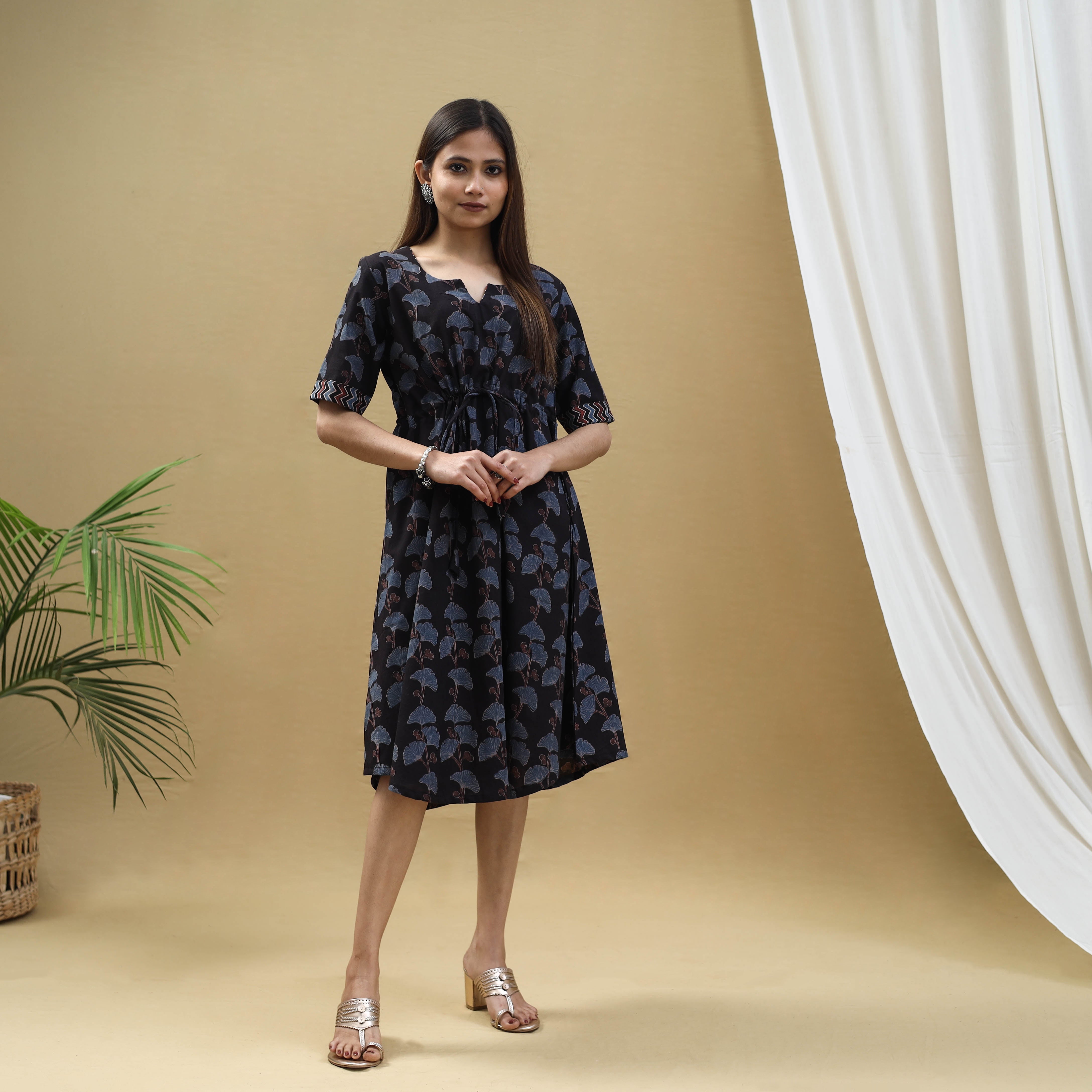 ITOKRI CASUALS Black - Block Print Cotton Flared Short Ajrakh Dress 15