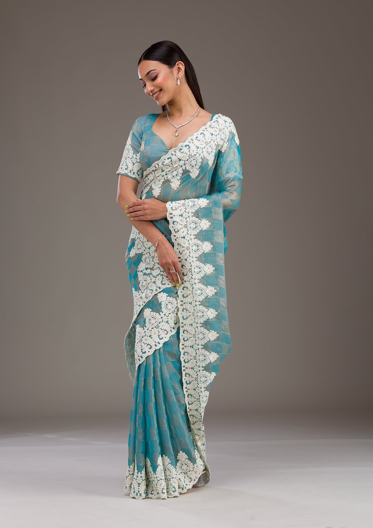Koskii Turquoise Blue Pearlwork Tissue Saree – Women's - view 3