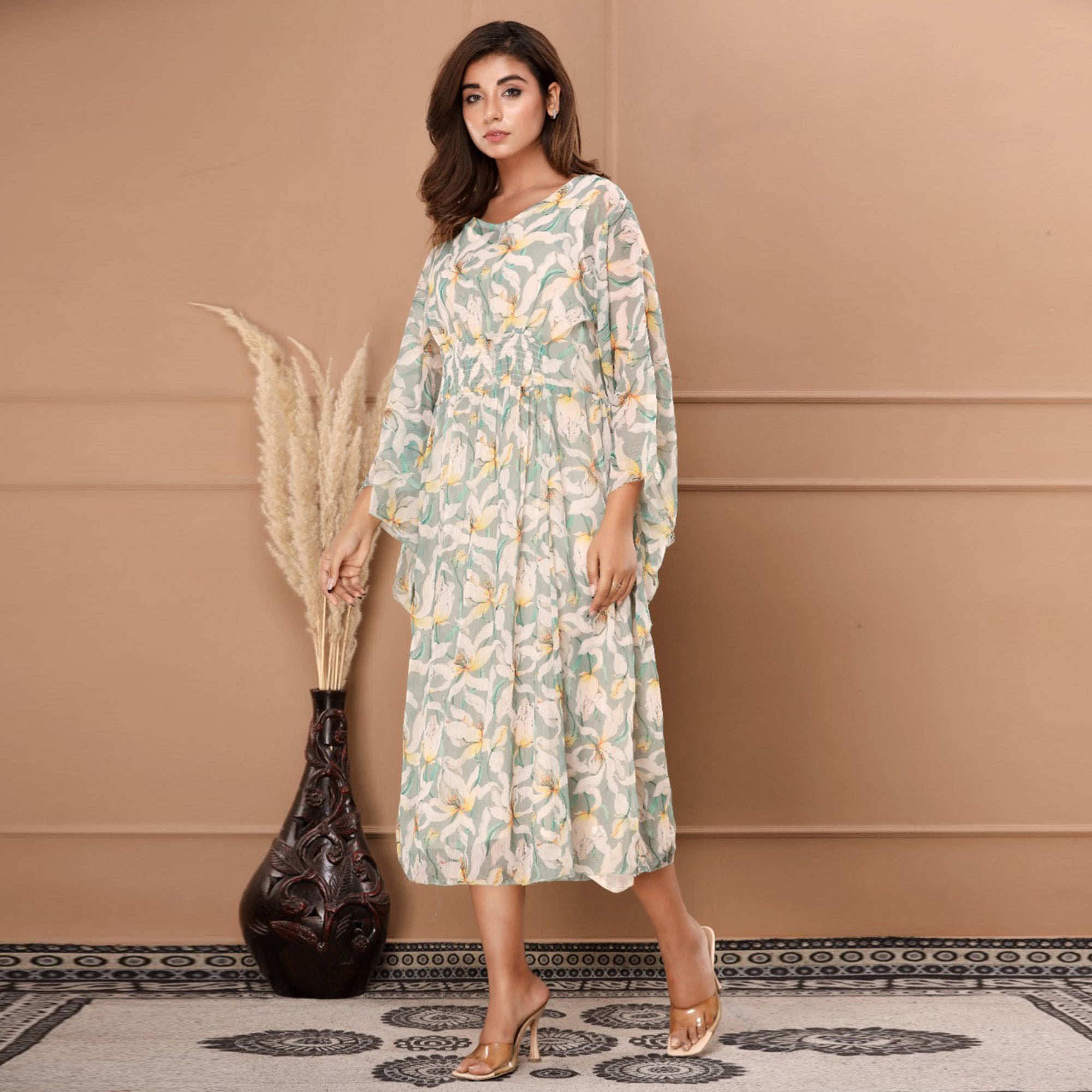 BlackTree green-floral-printed-chiffon-dress - view 4
