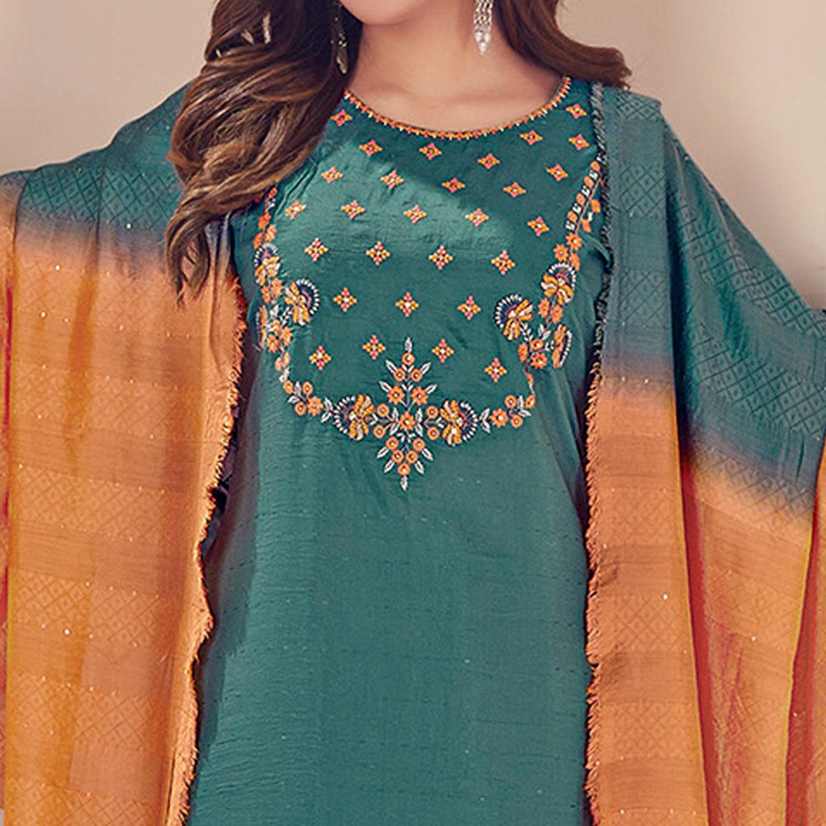 Peachmode Seller Morpich Embroidered With Embellished Chiffon Kurti Pant Set With Dupatta - view 2