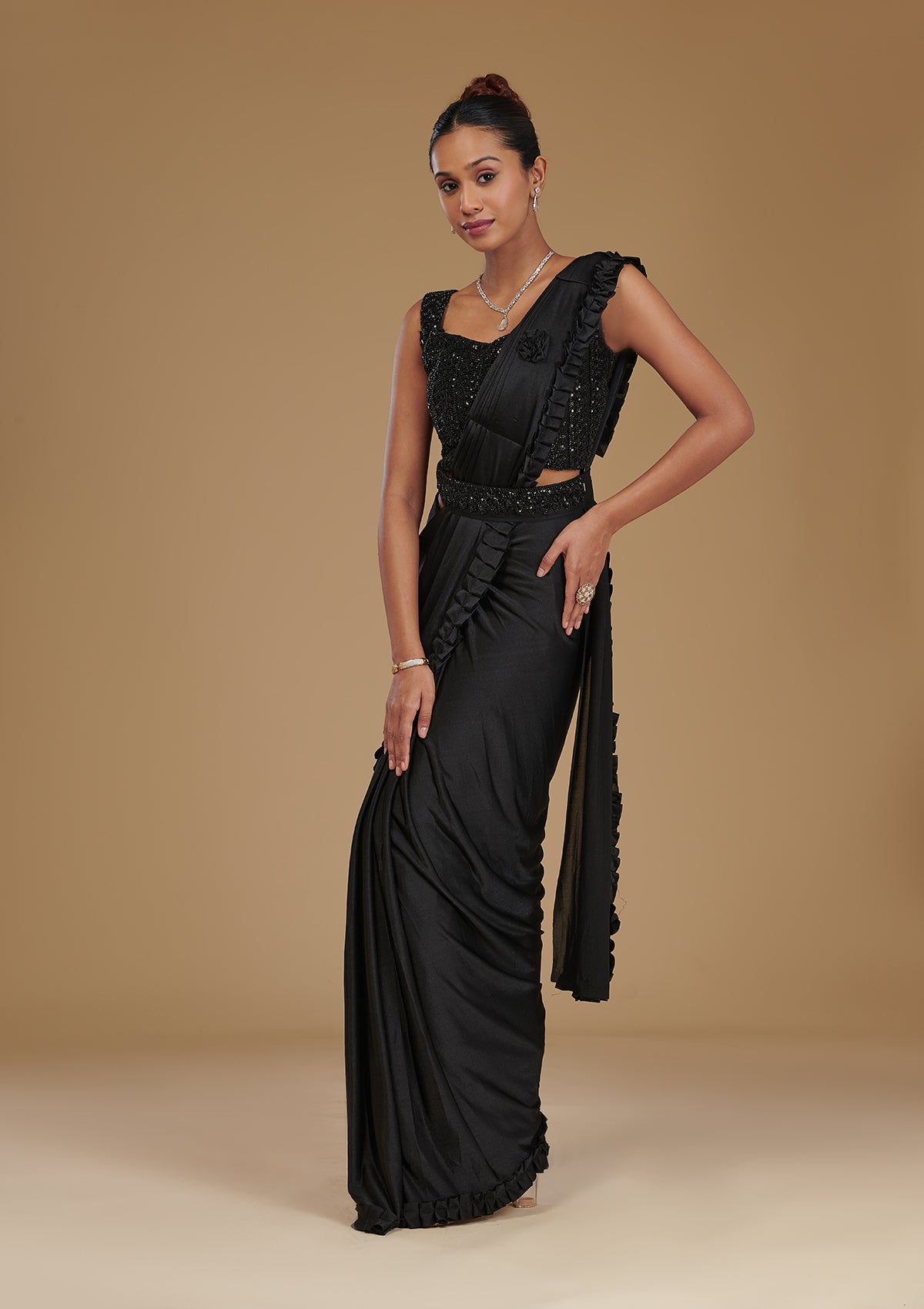 Koskii Black Stonework Satin Readymade Saree – Women's - view 4