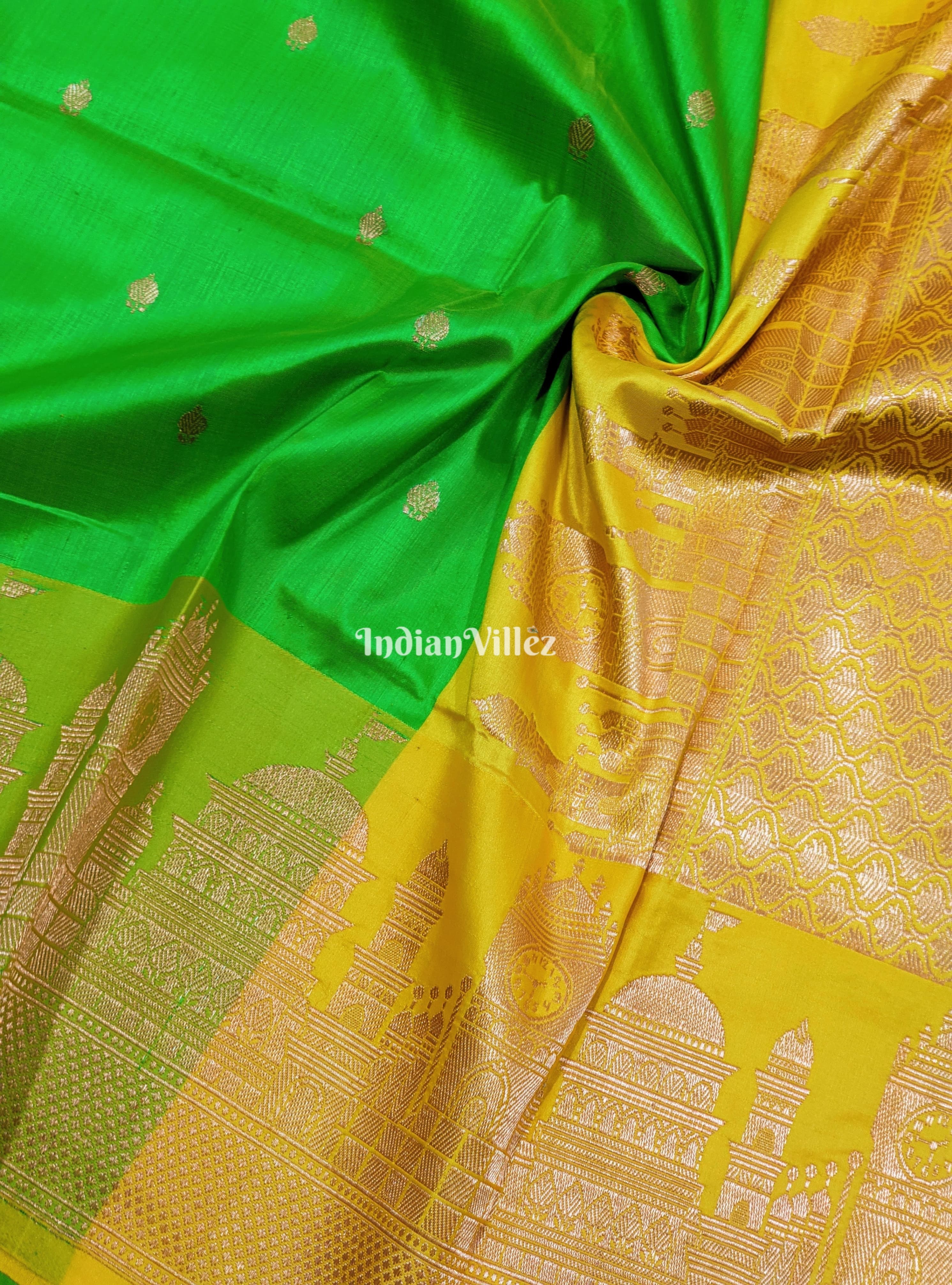 IndianVillèz Green Banarasi Katan Silk Saree Inspired by Big Ben, London & United States Capitol, Washington DC - view 2