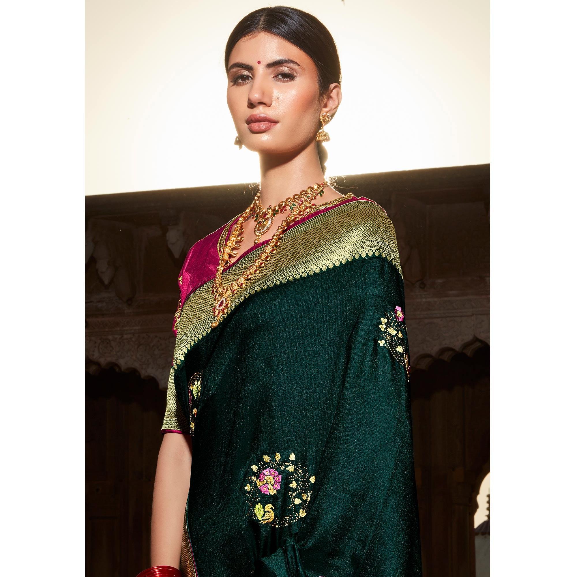 Peachmode Dark Green Festive Wear Floral Woven With Emrboidered Silk Saree - view 2