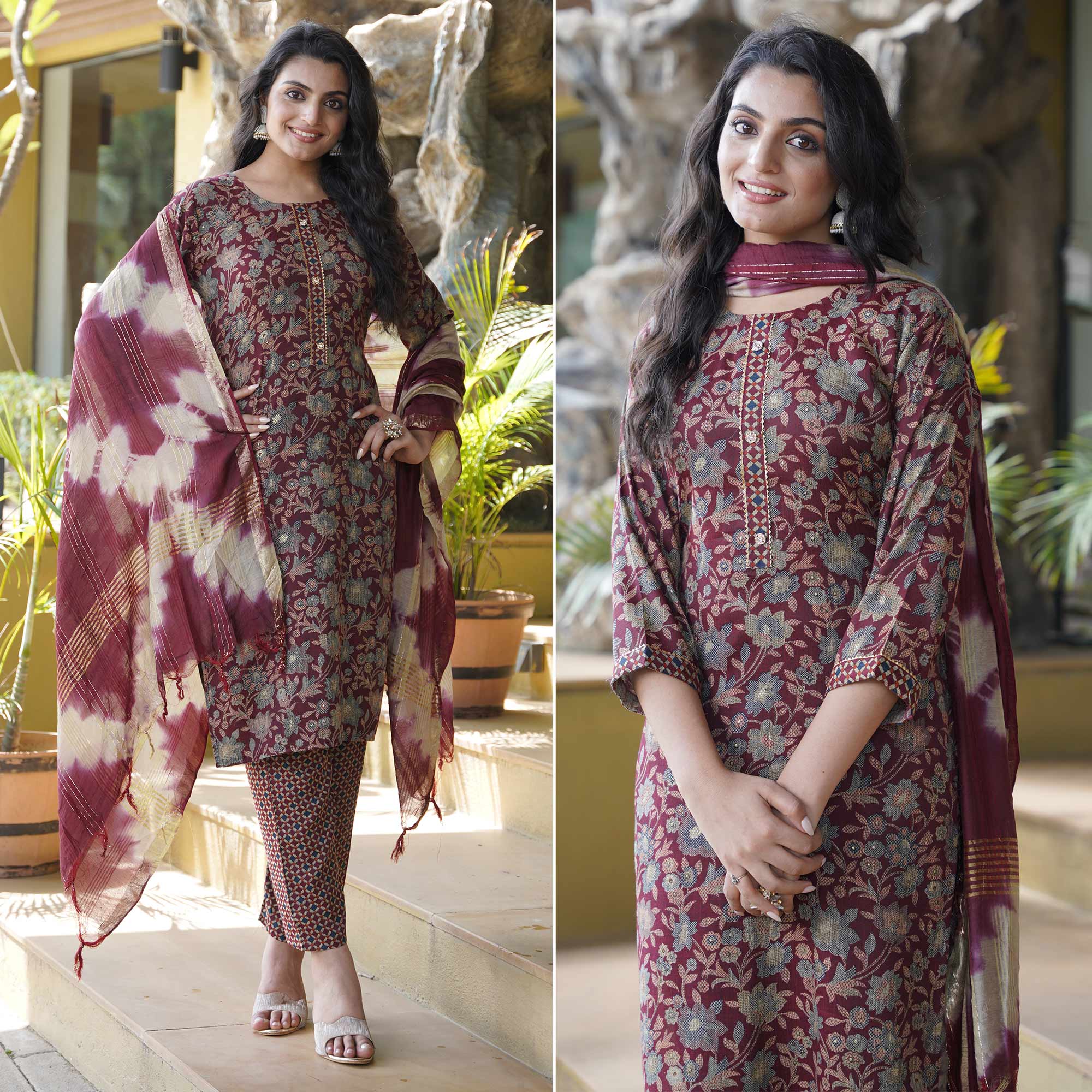 Peachmode Maroon Foil Printed Rayon Suit