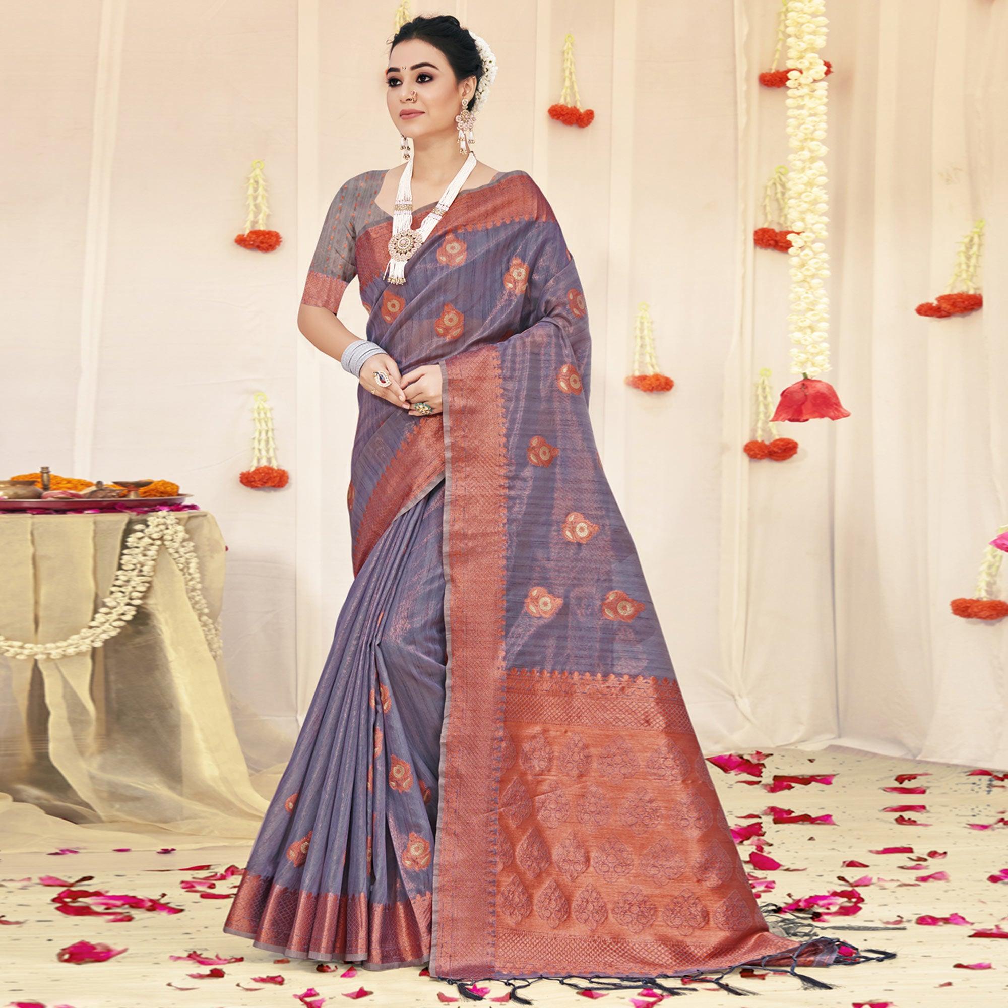 Peachmode Grey Woven Organza Saree With Tassels