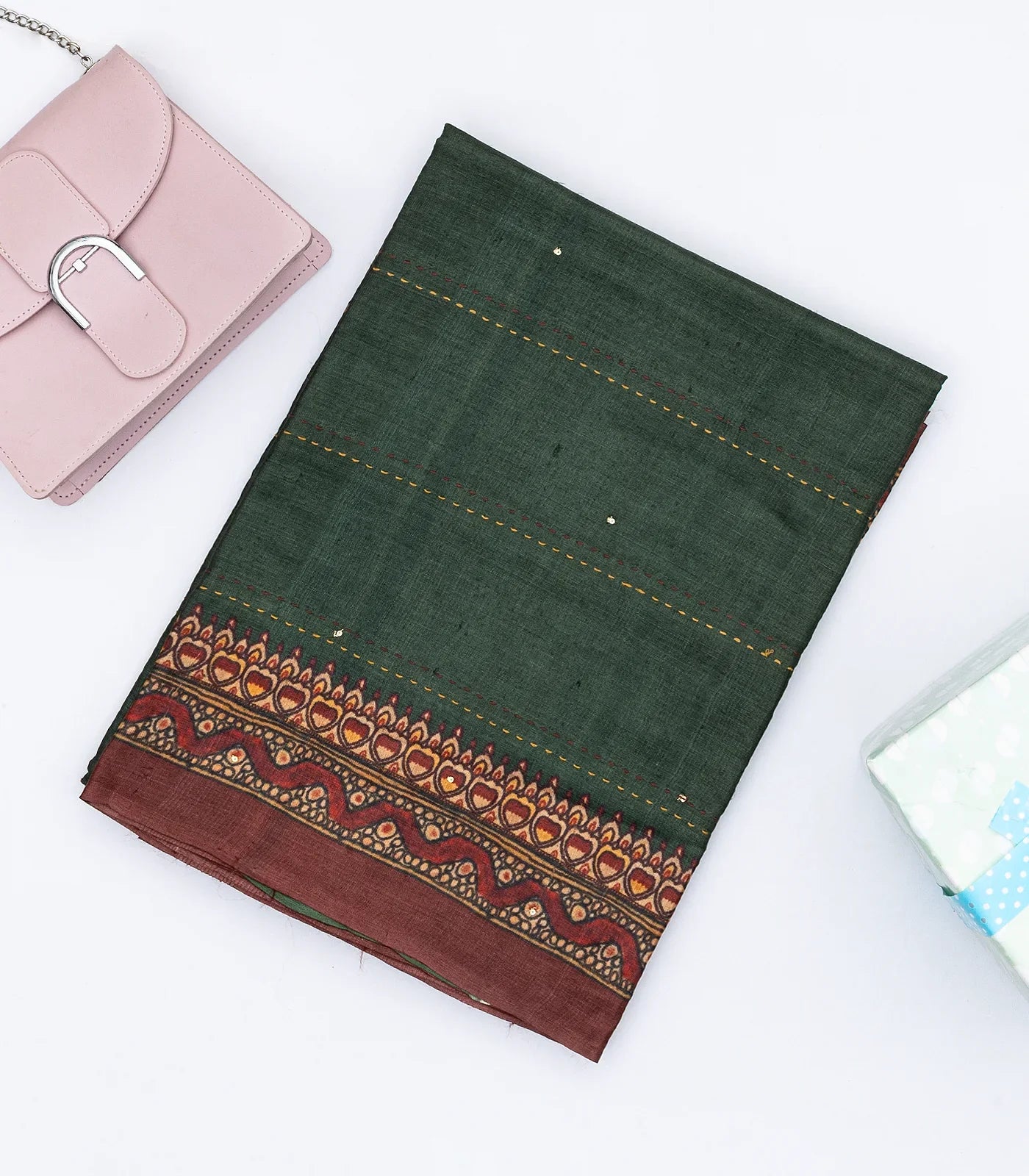 RmKV Bottle Green Handloom Tussar Silk Saree Printed With Lord Ram In Pallu - view 5