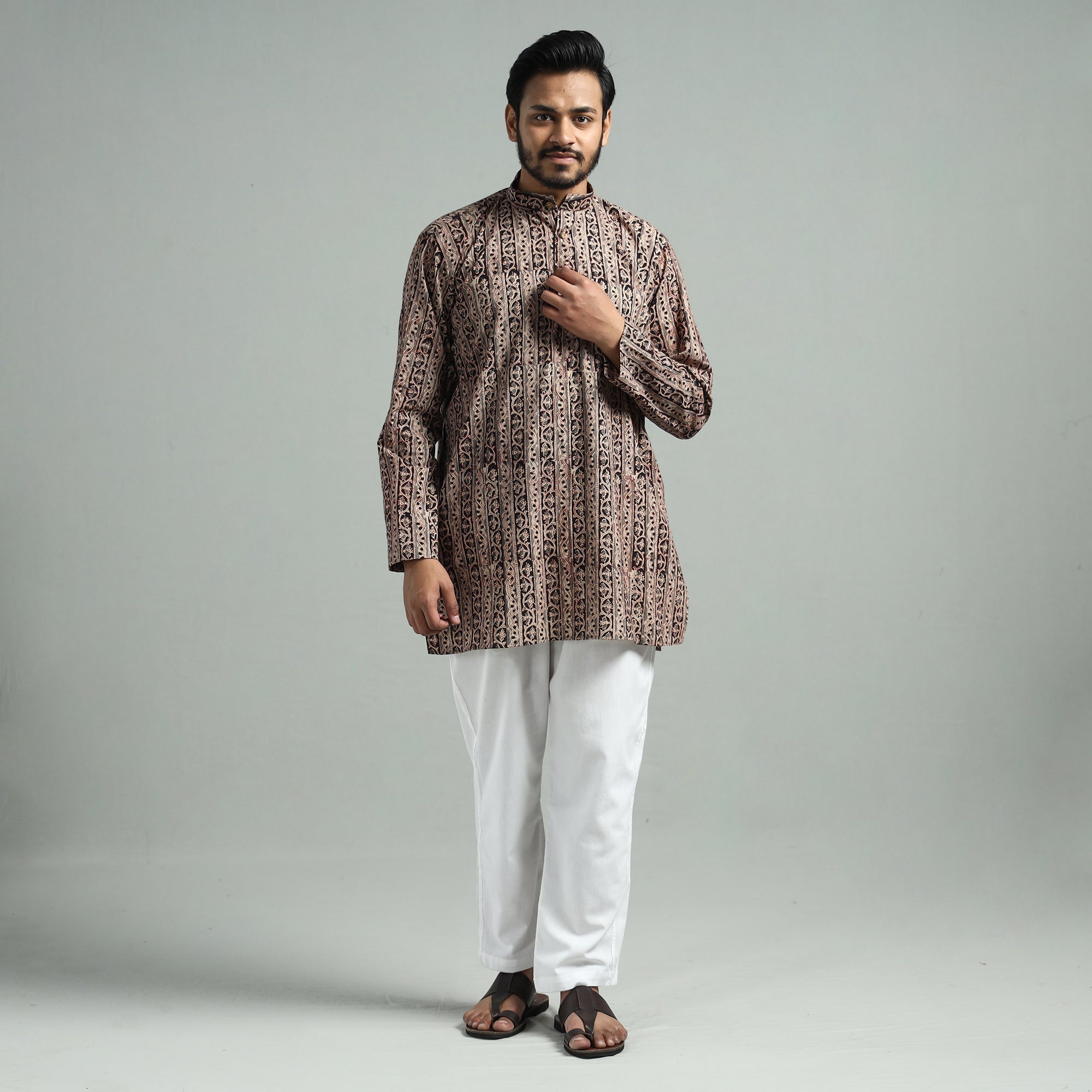 ITOKRI CASUALS Brown - Kalamkari Block Printed Cotton Men Short Kurta - view 3