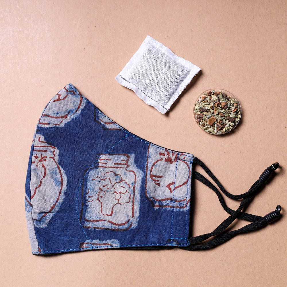 JALPARI Bindaas Block Printed Cotton 3 Layer Snug Fit Face Cover with Herb Pocket