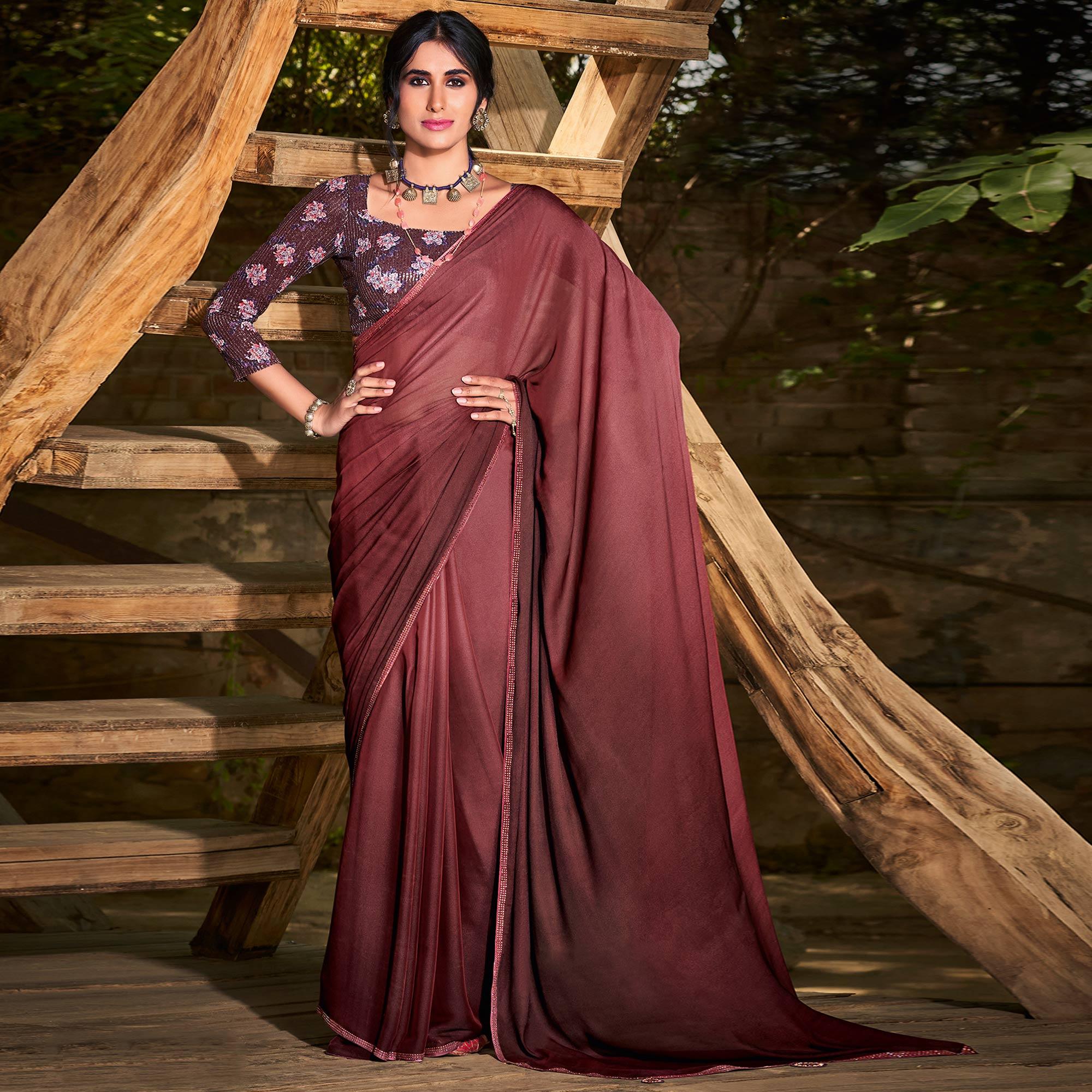 Peachmode Brown Solid Chiffon Saree – Women's