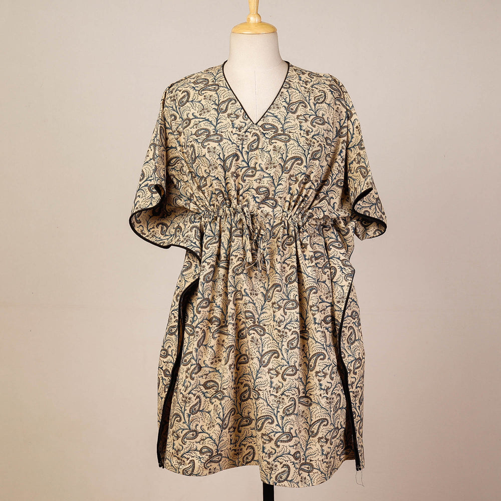 CHUTNEY CRAFT STUDIO Beige - Block Print Cotton Kalamkari Kaftan with Tie-Up Waist (Medium)