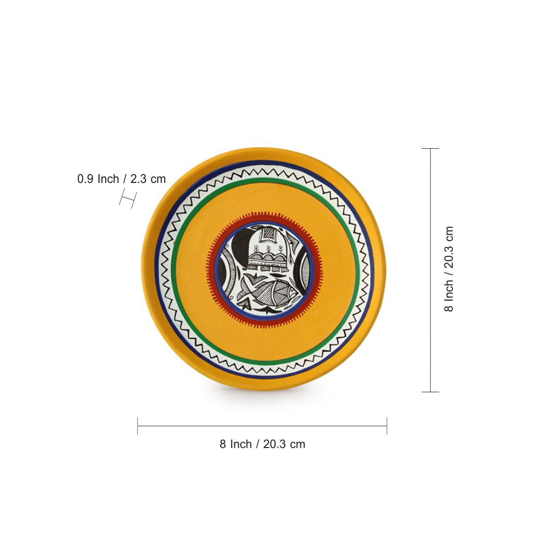 EXCLUSIVELANE 'The Madhubani Tales' Hand Painted Terracotta Wall Plates Wall Décor (8 inch, Set of 2, Yellow) - view 6
