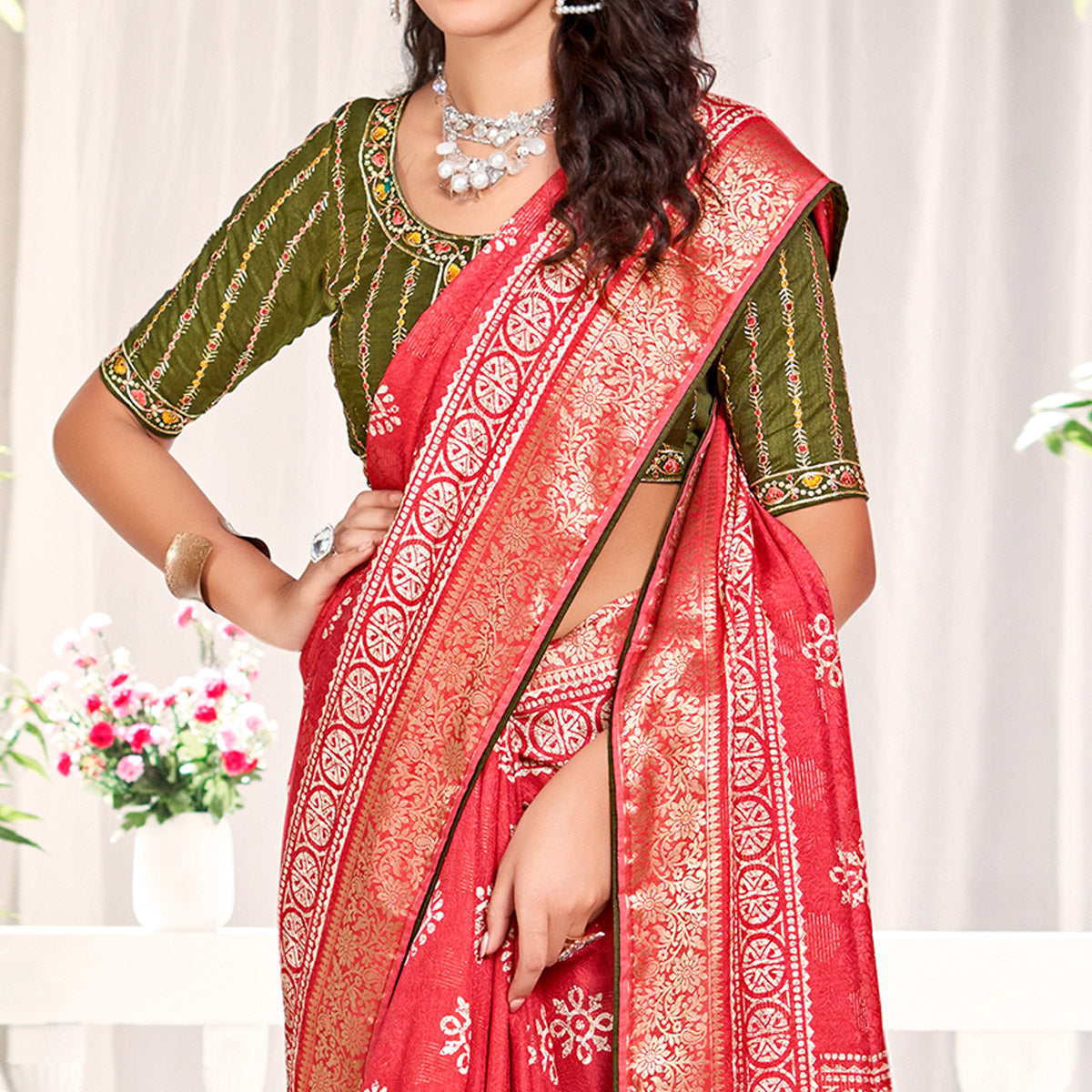 Peachmode Gajri Pink Floral Printed Dola Silk Saree - view 2
