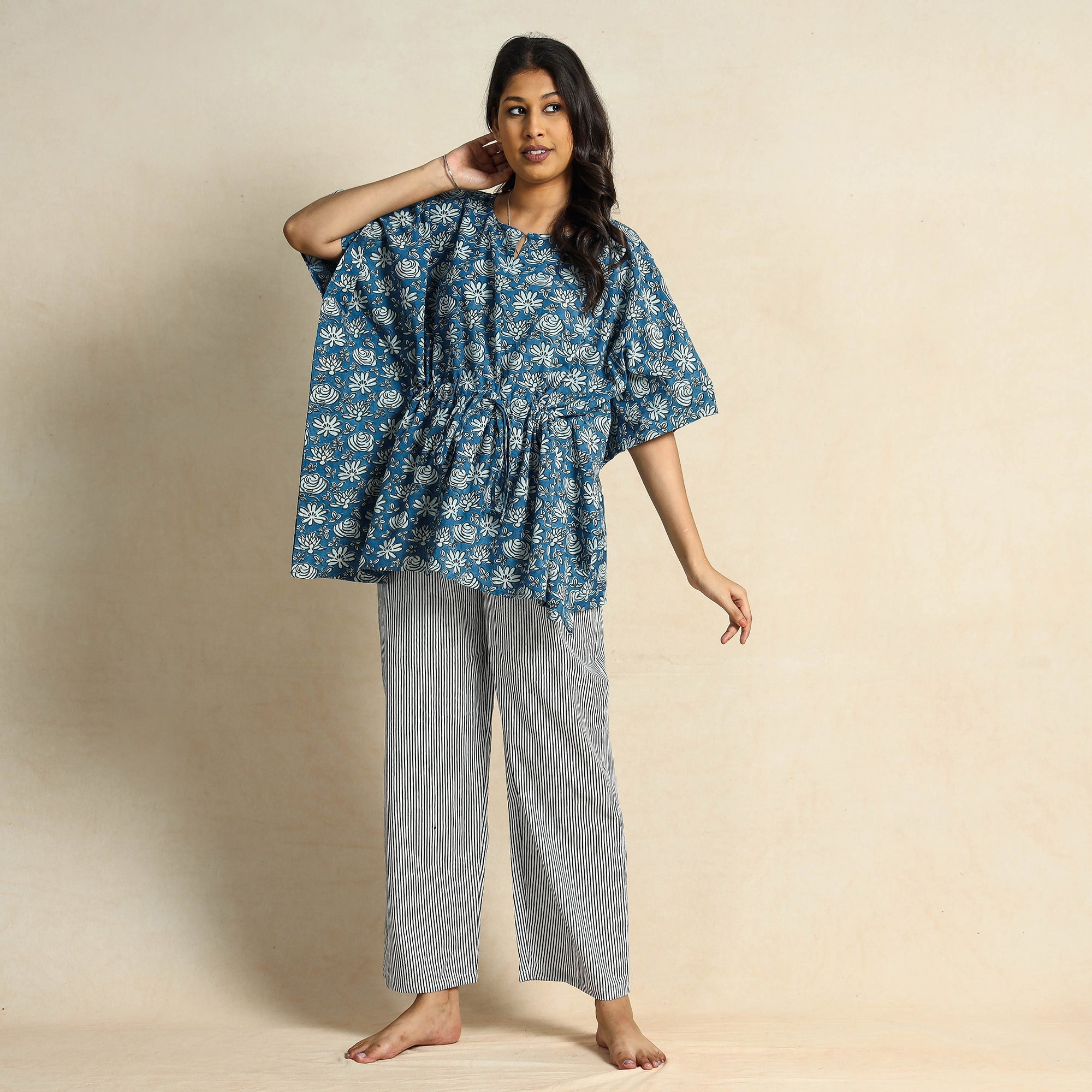 CHUTNEY CRAFT STUDIO Blue - Hand Block Printed Cotton Kaftan & Pyjama Night Suit Set - view 3