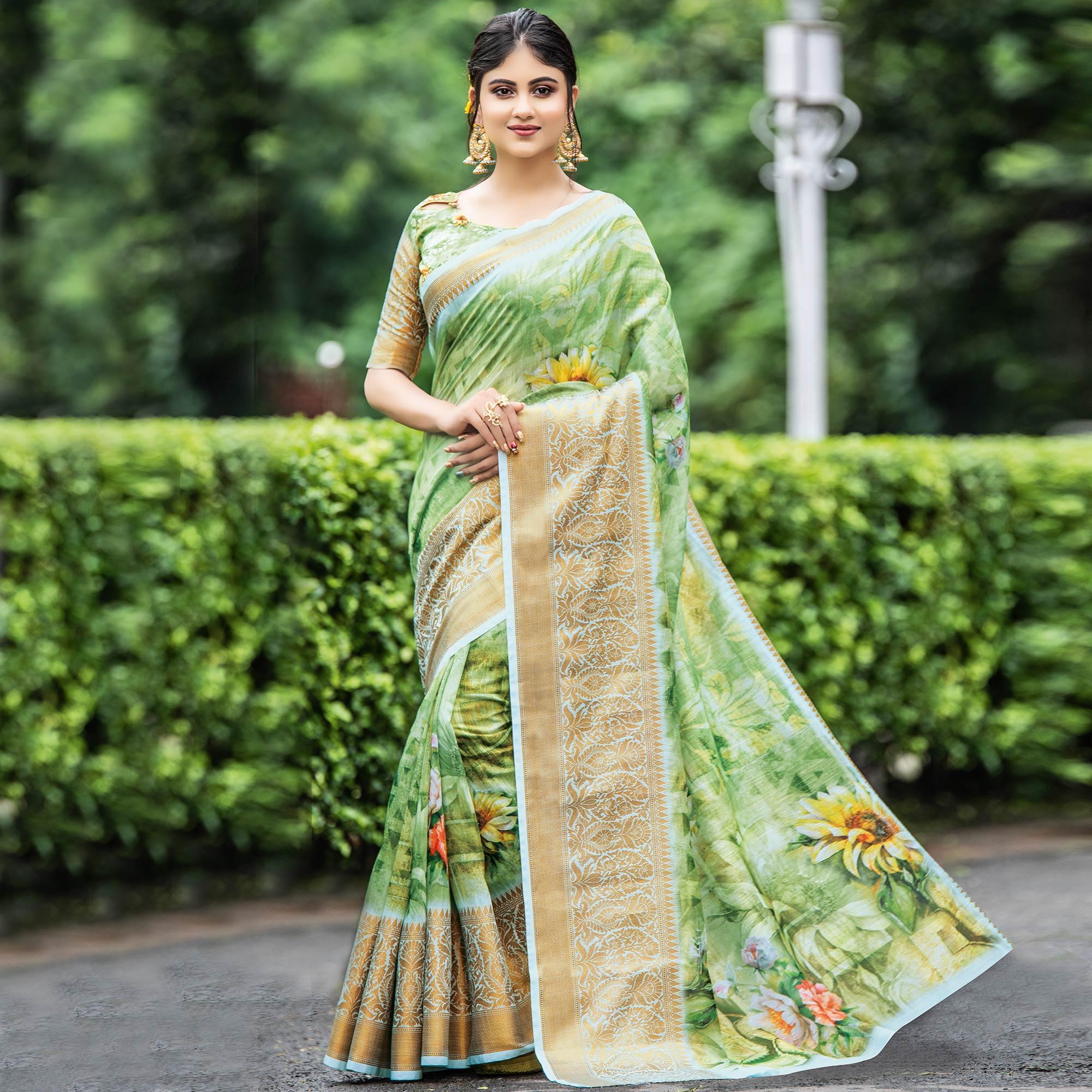 Peachmode Elegant Green Colored Partywear Digital Printed Organza Saree